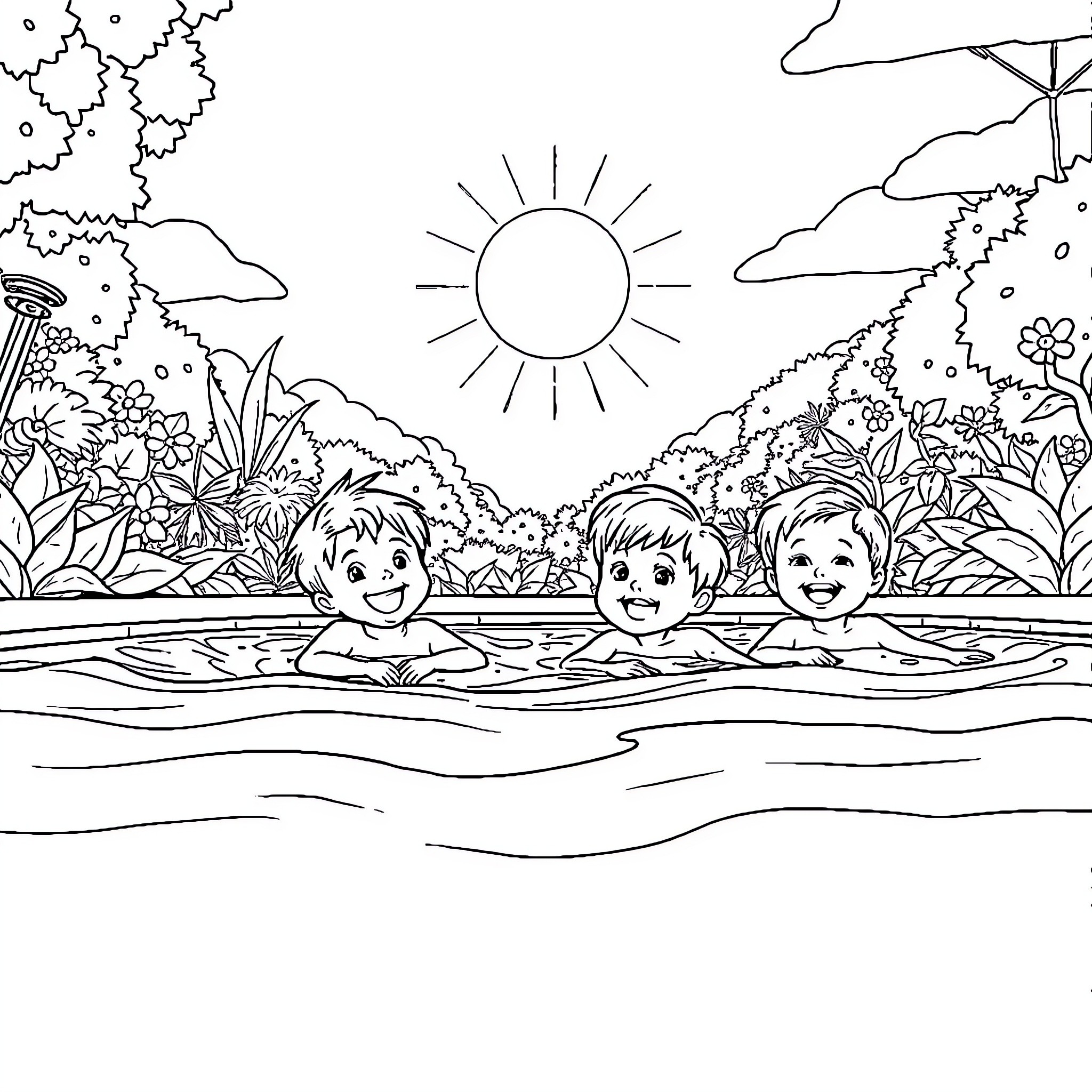 Child enjoying a summer day at the pool Coloring Page (free black-and-white line drawing printable PDF for all, from beginners to advanced learners, including children, teens, adults, and seniors)