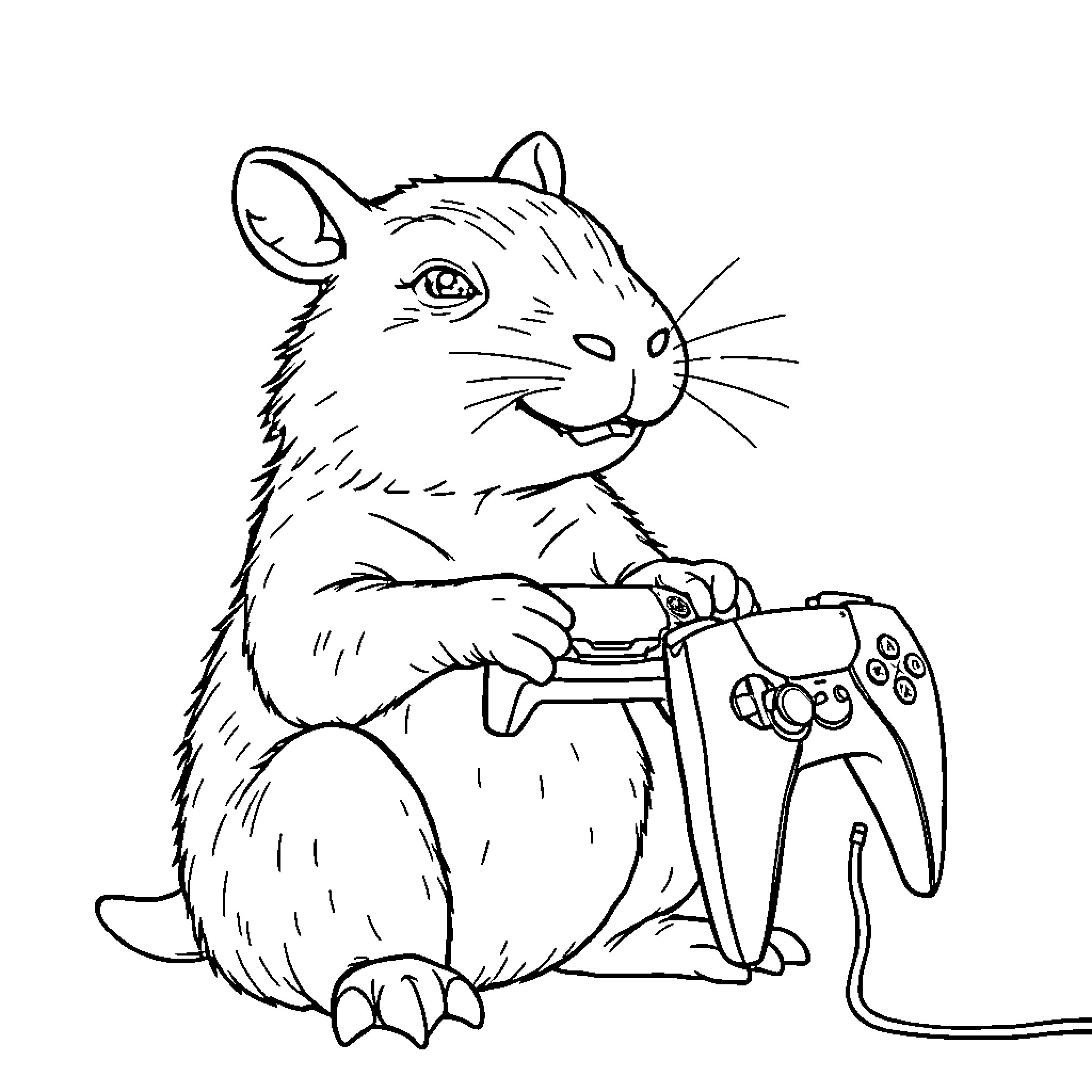 Capybara playing video game with gaming controller Coloring Page (free black-and-white line drawing printable PDF for all, from beginners to advanced learners, including children, teens, adults, and seniors)