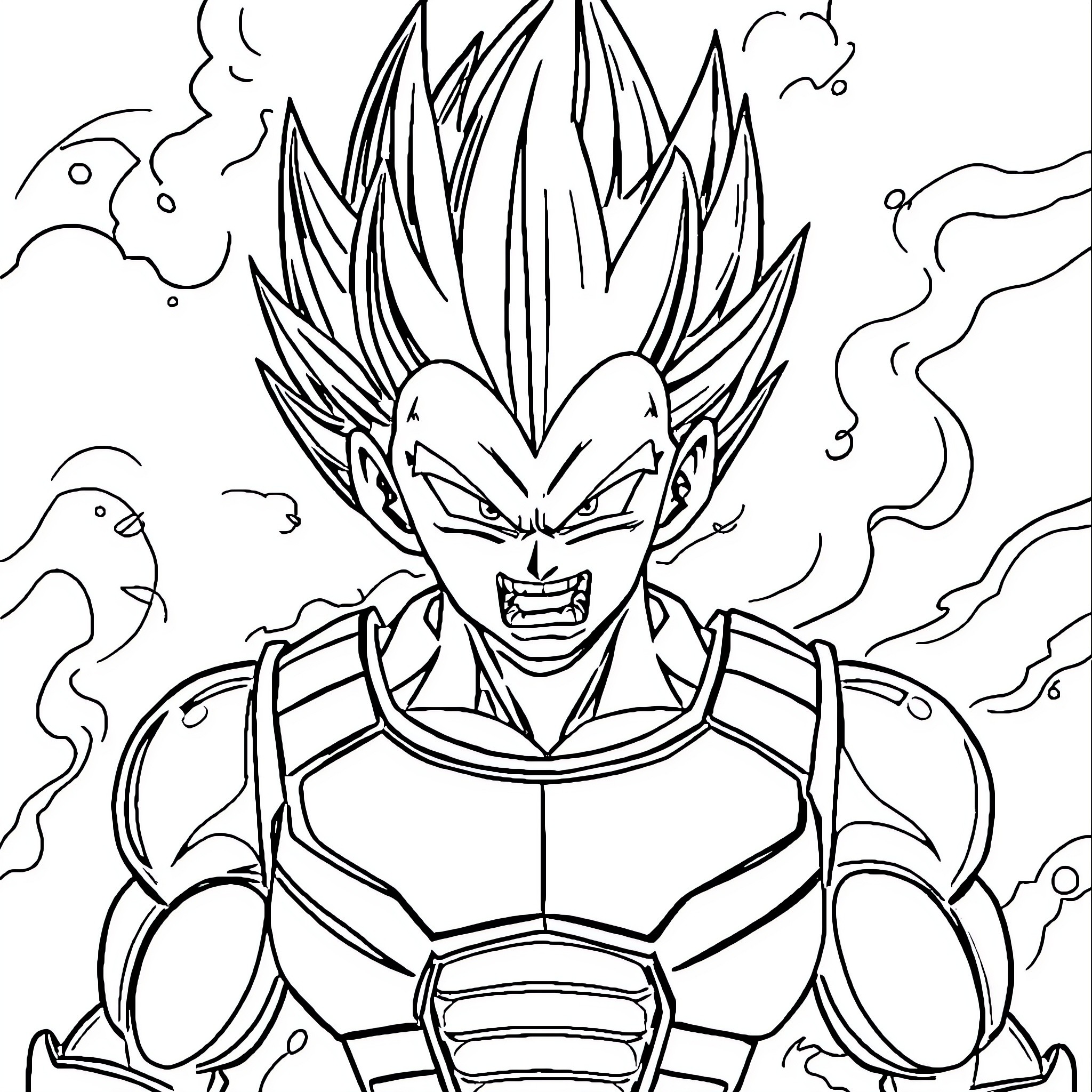 Vegeta in fierce battle mode Coloring Page (free black-and-white line drawing printable PDF for all, from beginners to advanced learners, including children, teens, adults, and seniors)