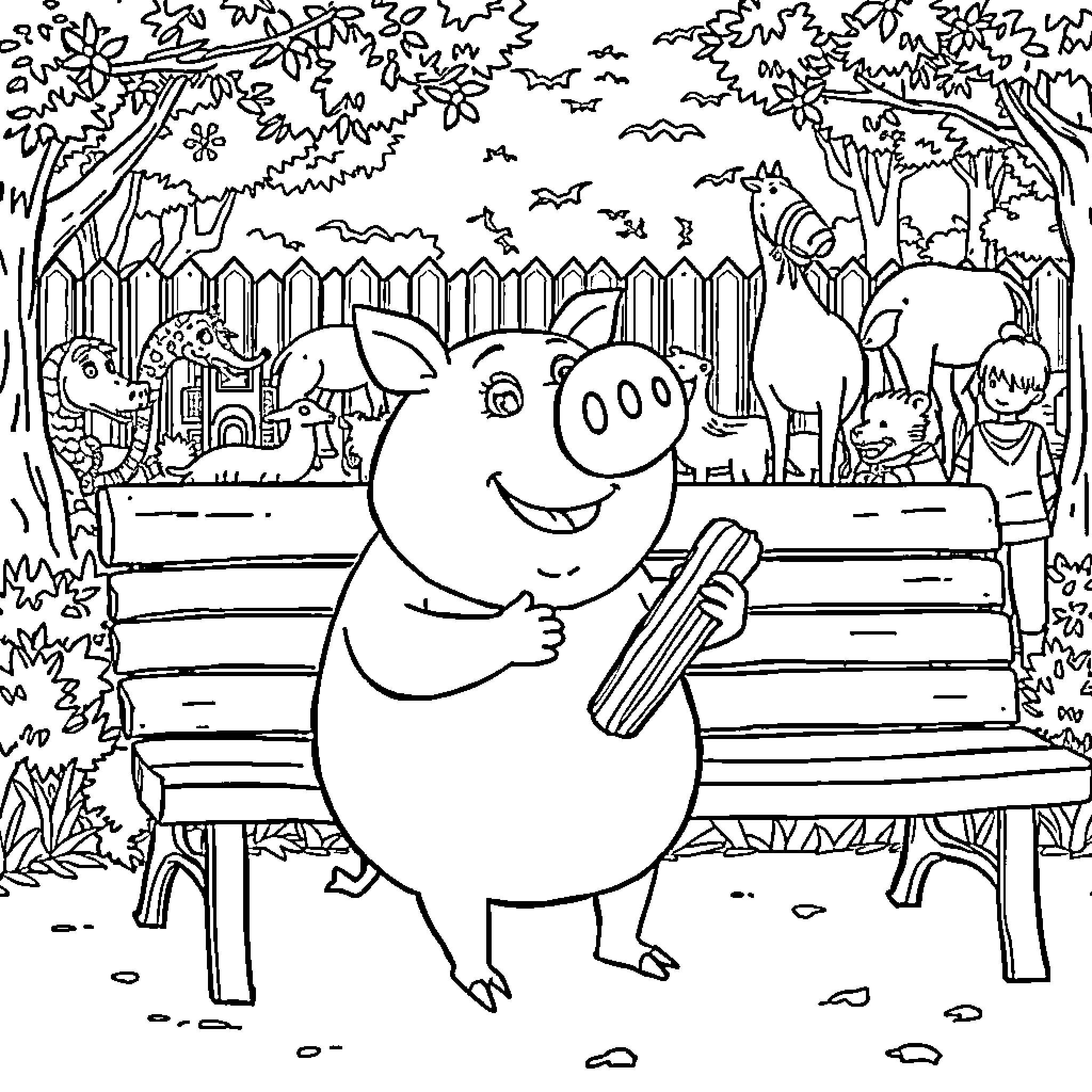 George Pig enjoying a peaceful day in the park Coloring Page (free black-and-white line drawing printable PDF for all, from beginners to advanced learners, including children, teens, adults, and seniors)