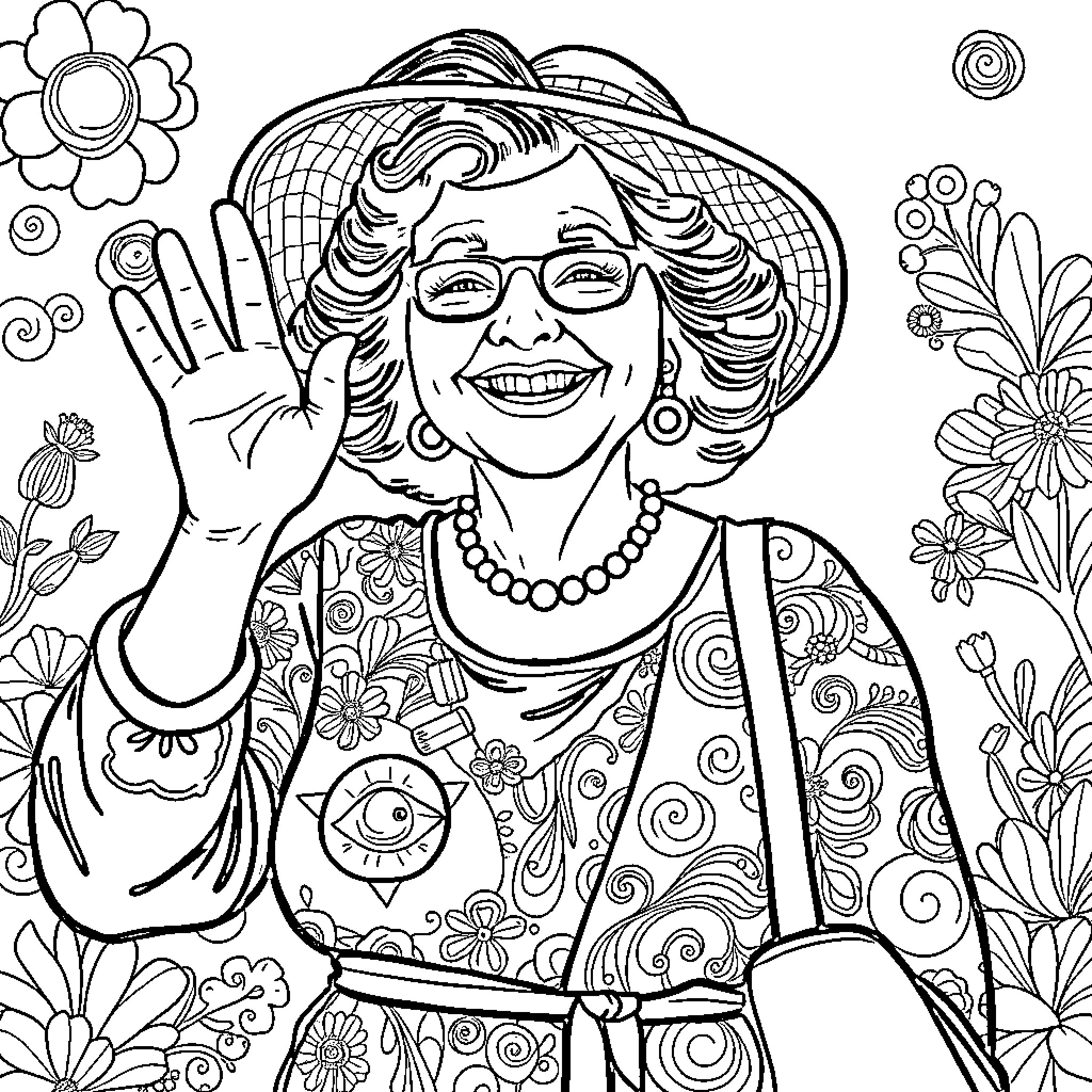 Tante waving cheerfully in a floral garden Coloring Page (free black-and-white line drawing printable PDF for all, from beginners to advanced learners, including children, teens, adults, and seniors)