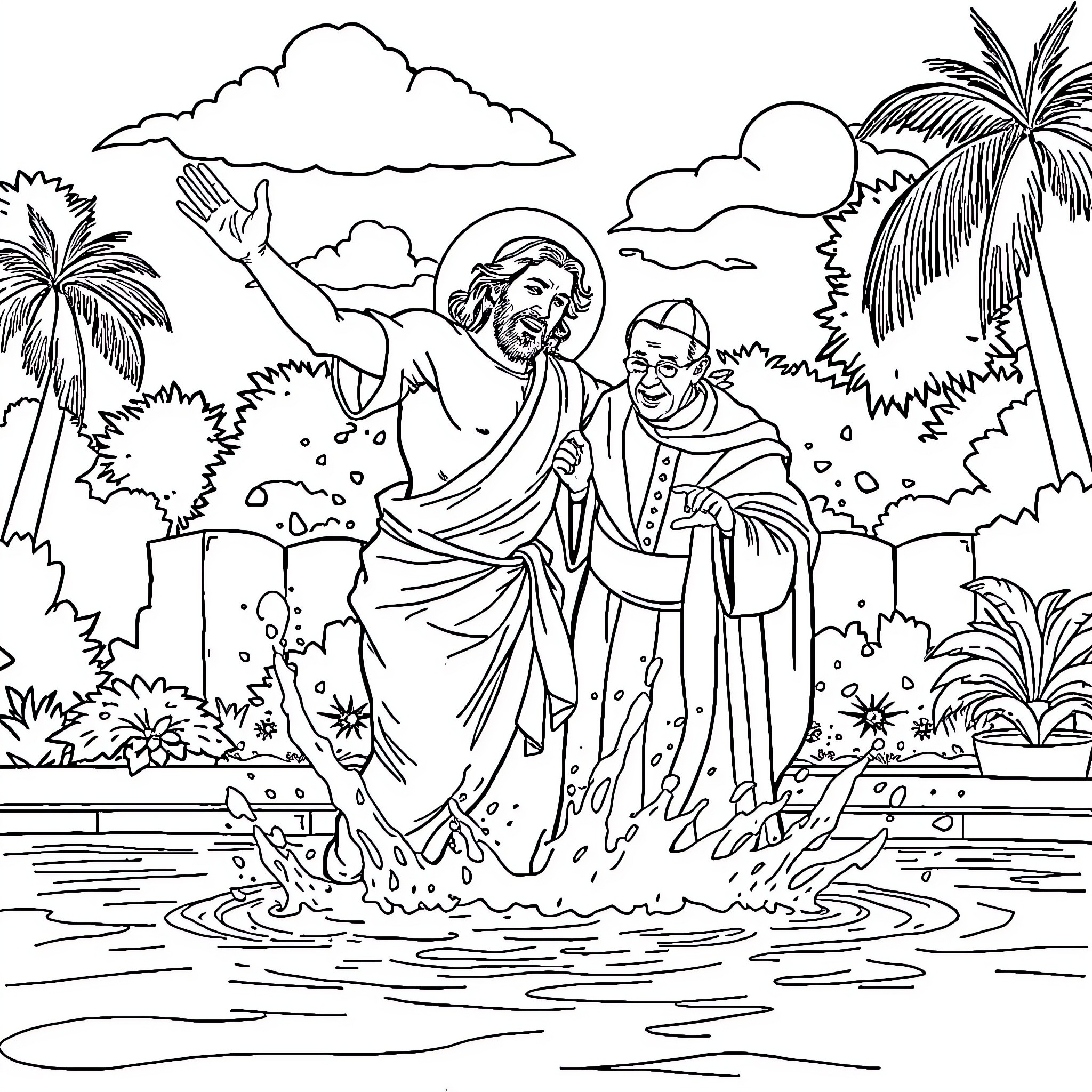 Jesus baptizing a disciple in a scenic setting Coloring Page (free black-and-white line drawing printable PDF for all, from beginners to advanced learners, including children, teens, adults, and seniors)