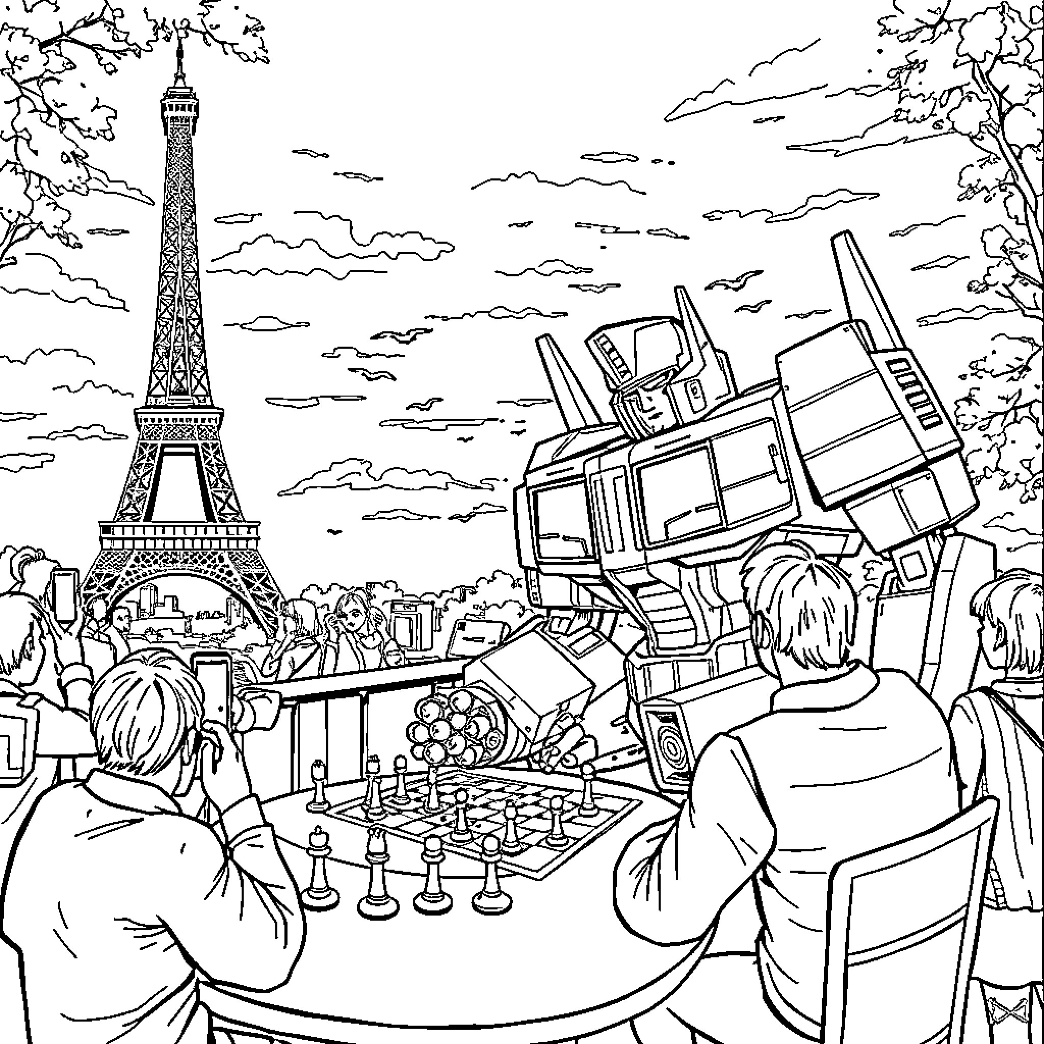 Optimus Prime visits Paris with friends Coloring Page (free black-and-white line drawing printable PDF for all, from beginners to advanced learners, including children, teens, adults, and seniors)