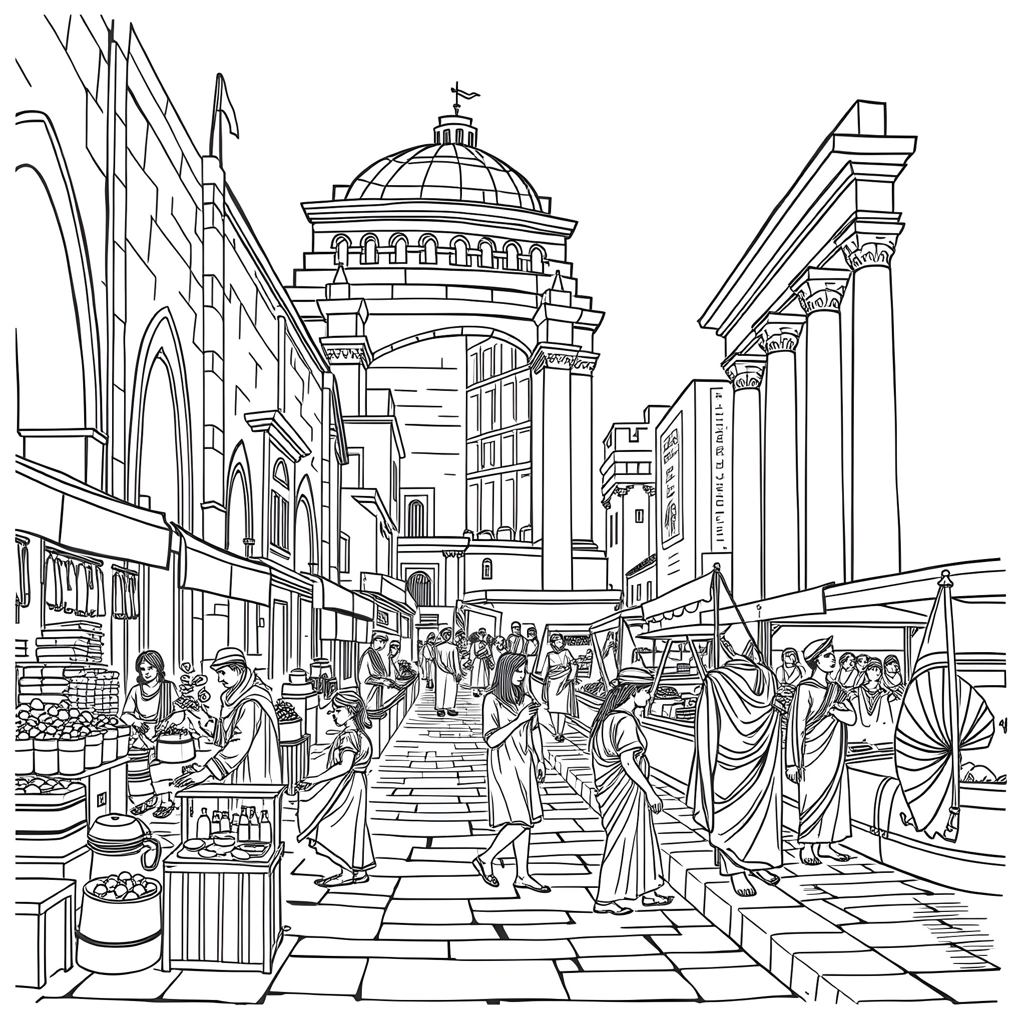 Alexandria: A Vibrant Marketplace in the City Coloring Page (free black-and-white line drawing printable PDF for all, from beginners to advanced learners, including children, teens, adults, and seniors)