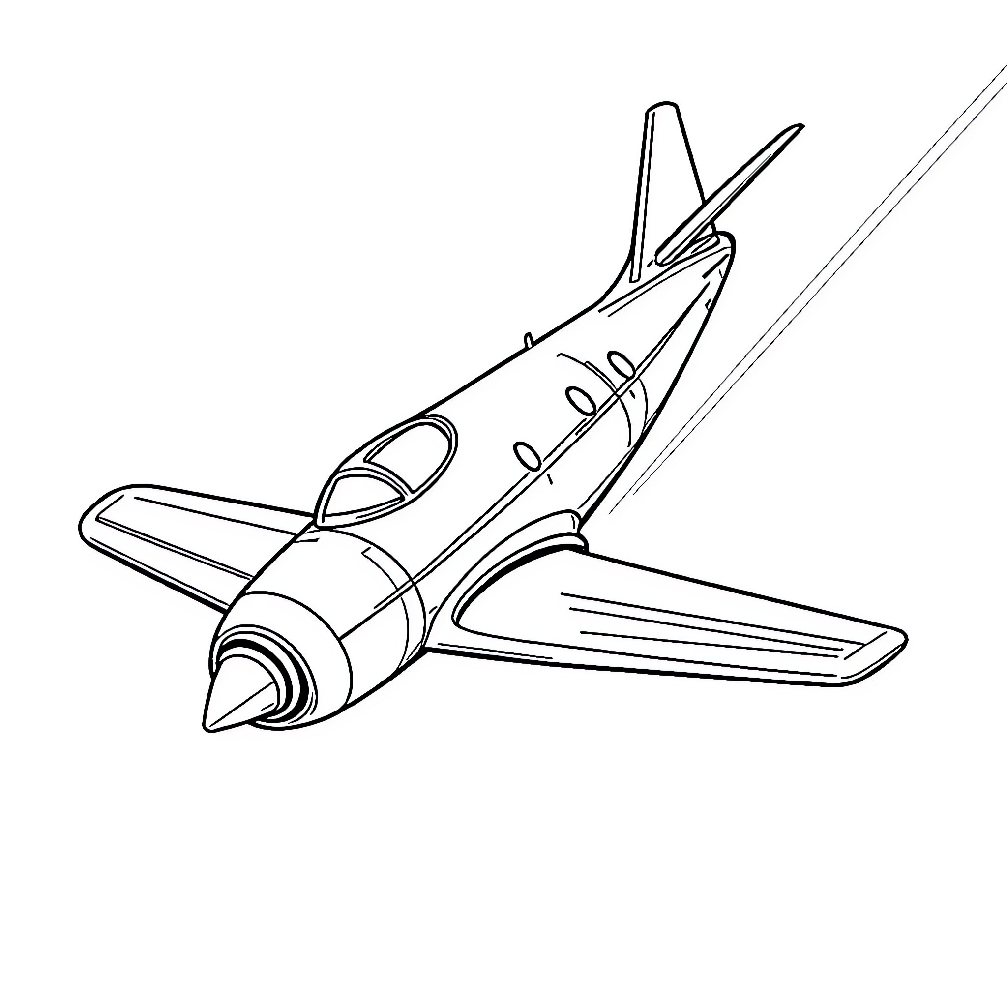 Airplane in flight, sleek and dynamic Coloring Page (free black-and-white line drawing printable PDF for all, from beginners to advanced learners, including children, teens, adults, and seniors)