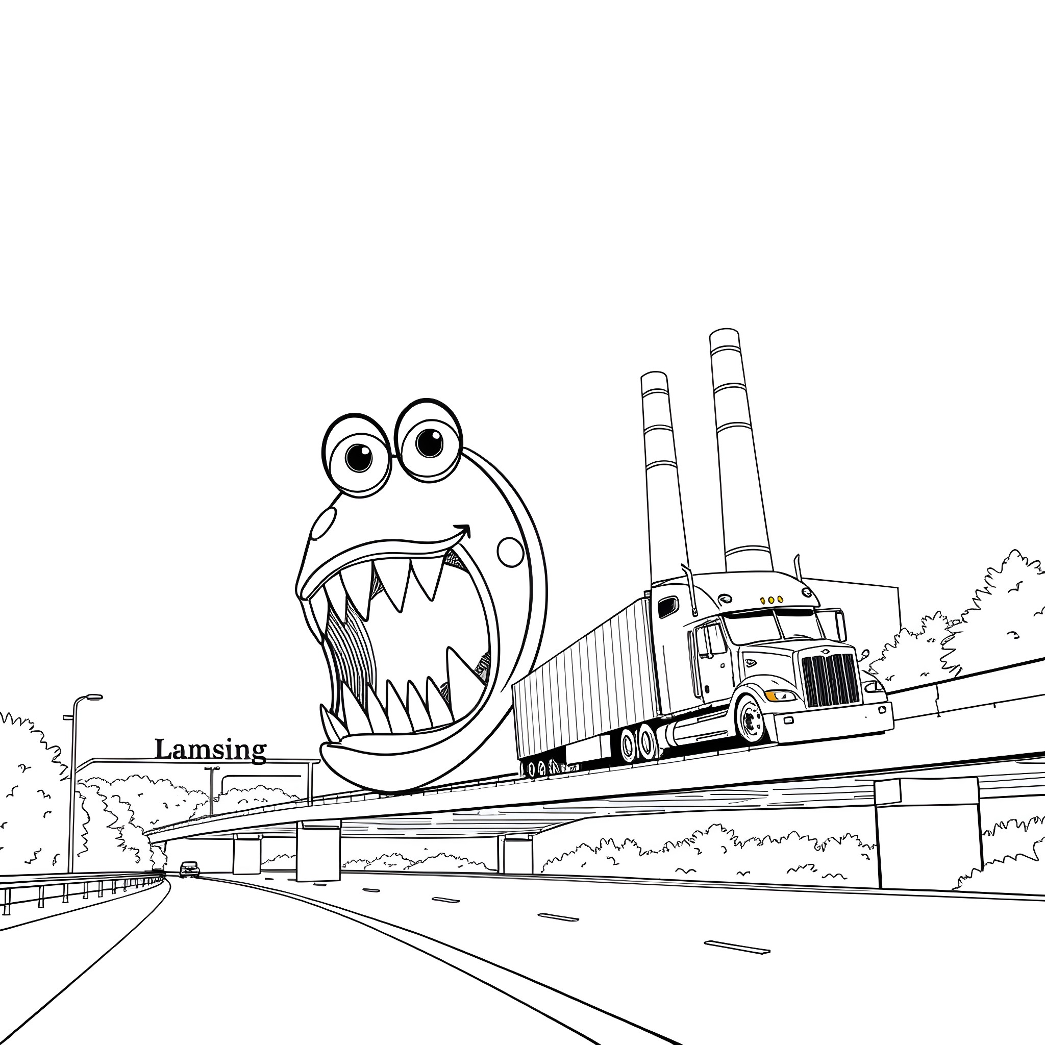 Big Penny Monster Truck Crashing Through the City Coloring Page (free black-and-white line drawing printable PDF for all, from beginners to advanced learners, including children, teens, adults, and seniors)