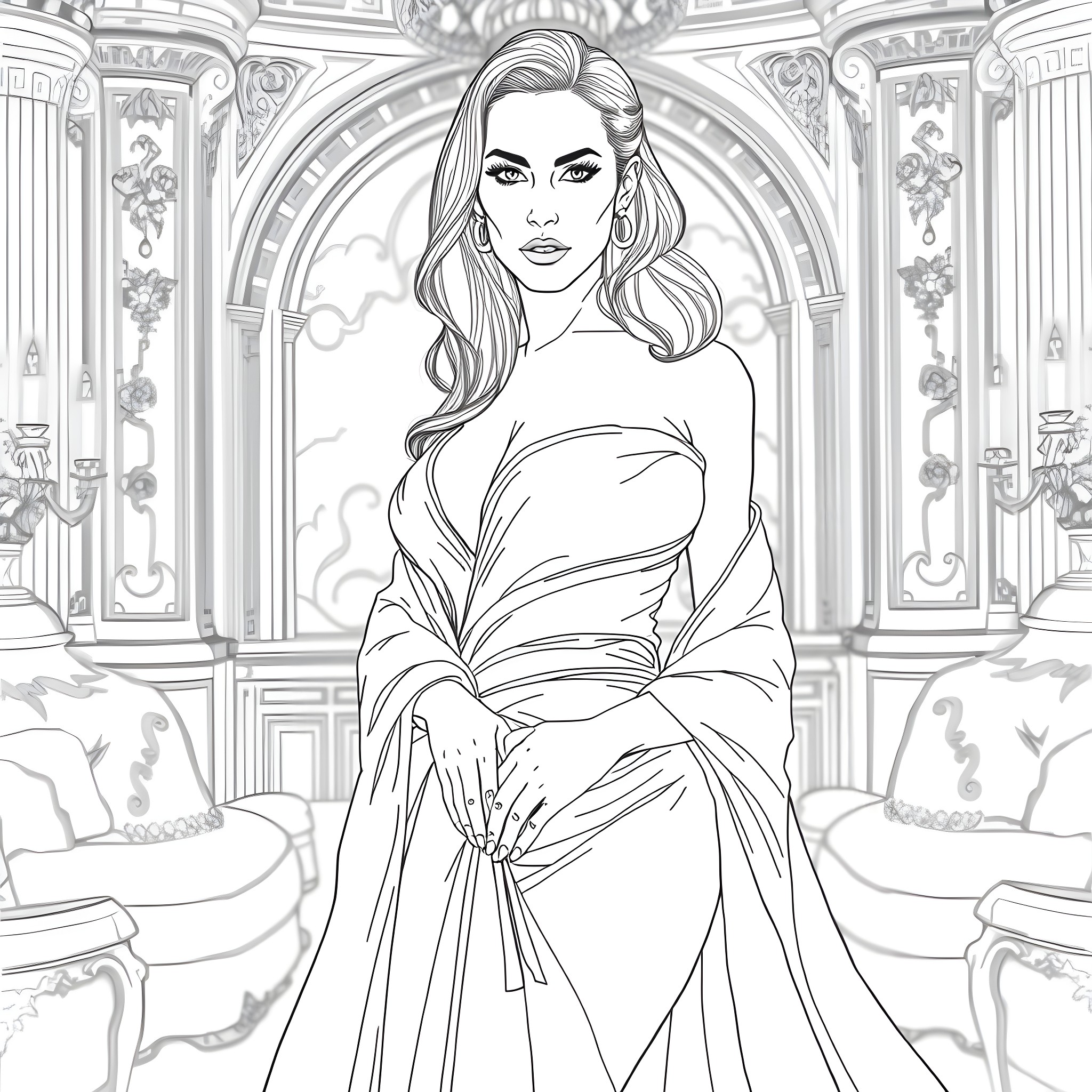 Megan Fox in Elegant Regal Gown Coloring Page (free black-and-white line drawing printable PDF for all, from beginners to advanced learners, including children, teens, adults, and seniors)