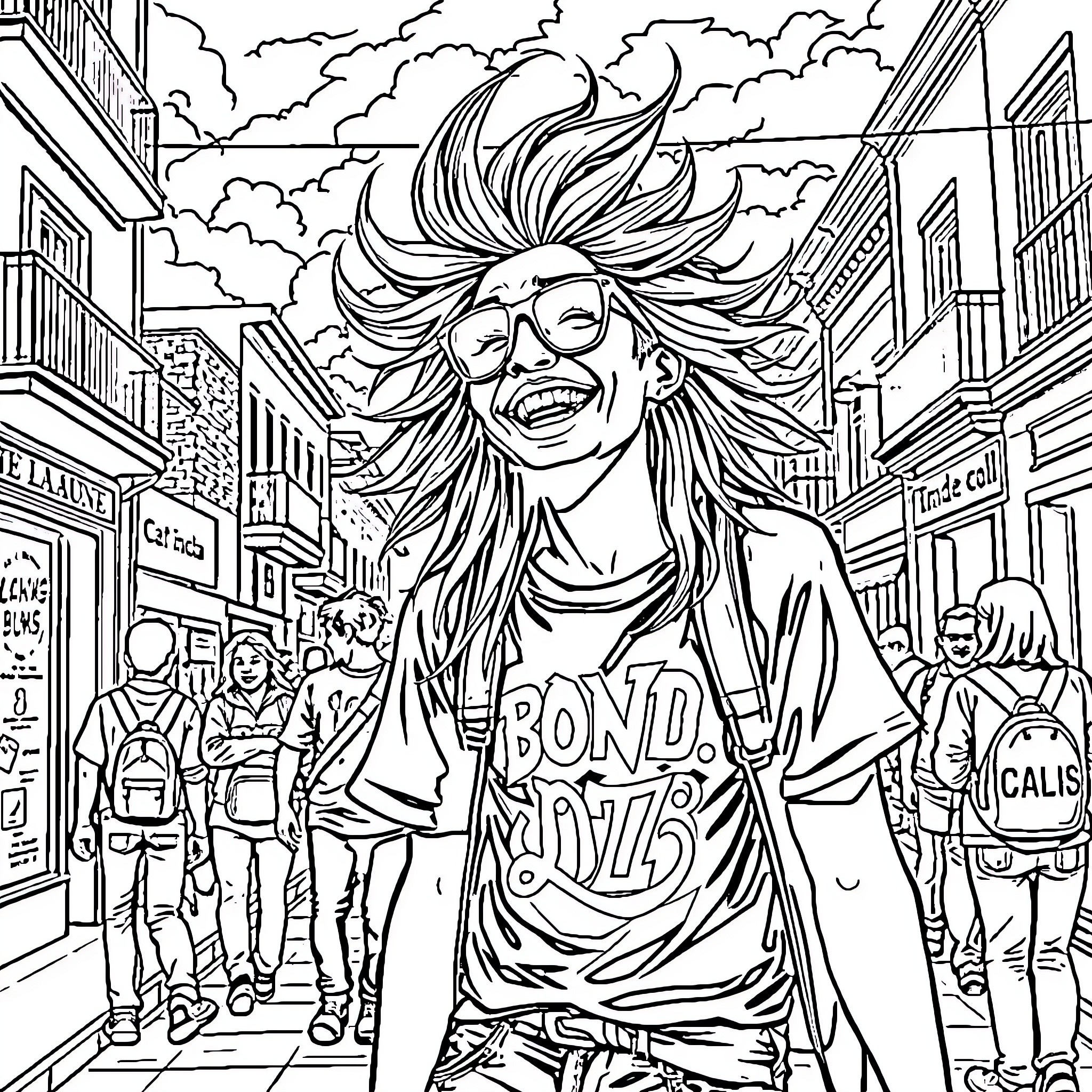 Metalhead rocking the streets with wild hairstyle Coloring Page (free black-and-white line drawing printable PDF for all, from beginners to advanced learners, including children, teens, adults, and seniors)