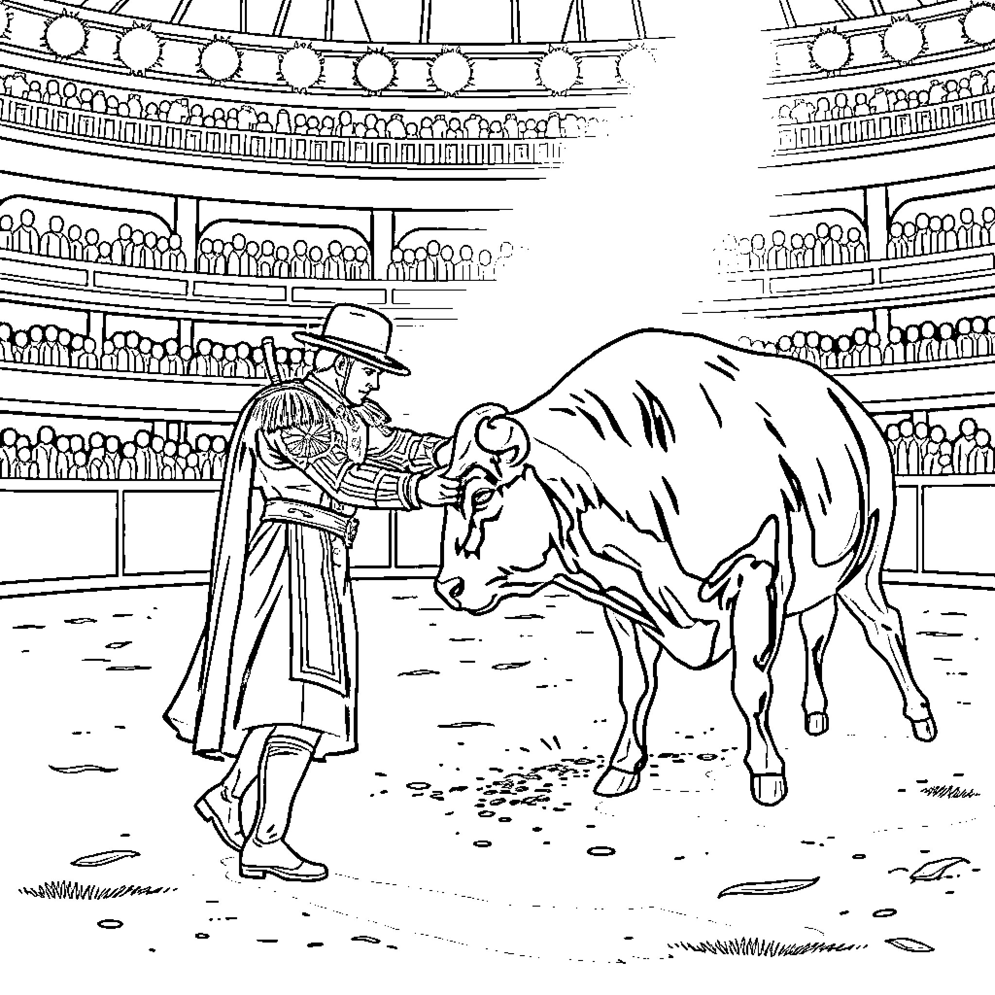Torero facing the bull in the bullfighting arena Coloring Page (free black-and-white line drawing printable PDF for all, from beginners to advanced learners, including children, teens, adults, and seniors)