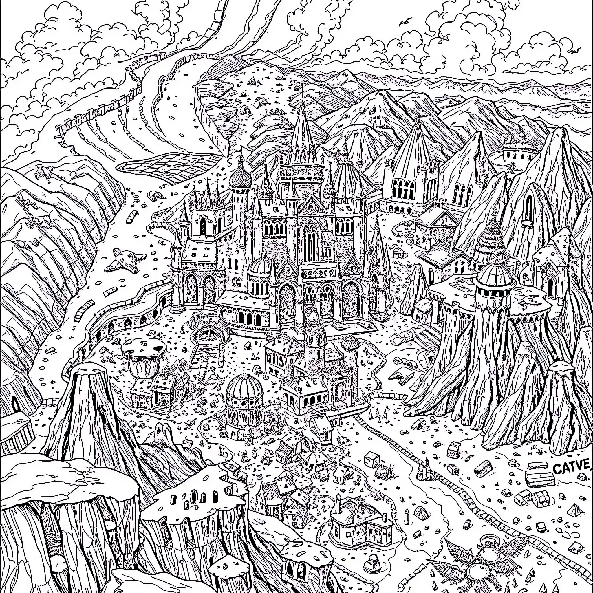 Map of a Fantastical Landscape with Castle and Mountains Coloring Page (free black-and-white line drawing printable PDF for all, from beginners to advanced learners, including children, teens, adults, and seniors)