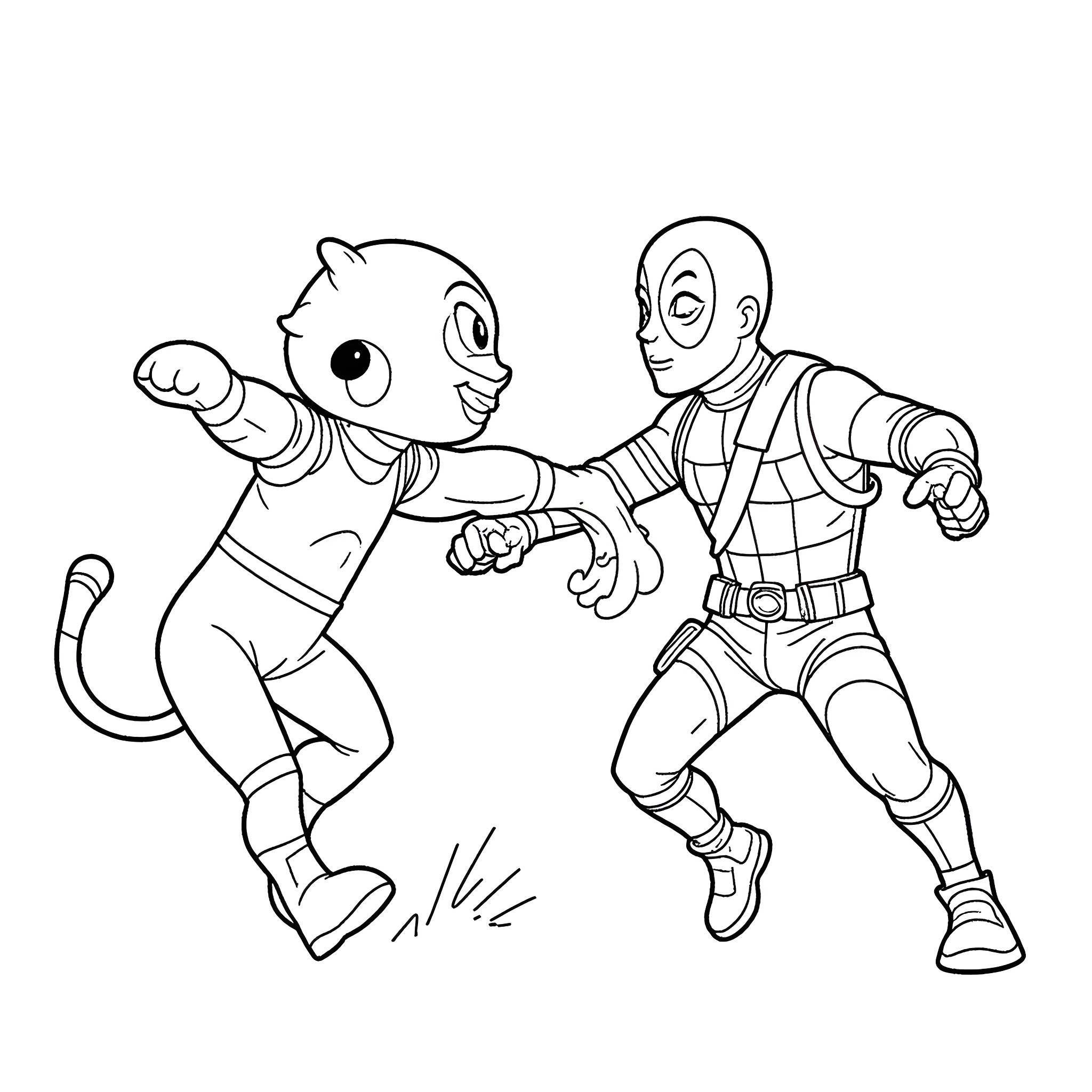 Deadpool and Catlike Superhero in Action Poses Coloring Page (free black-and-white line drawing printable PDF for all, from beginners to advanced learners, including children, teens, adults, and seniors)