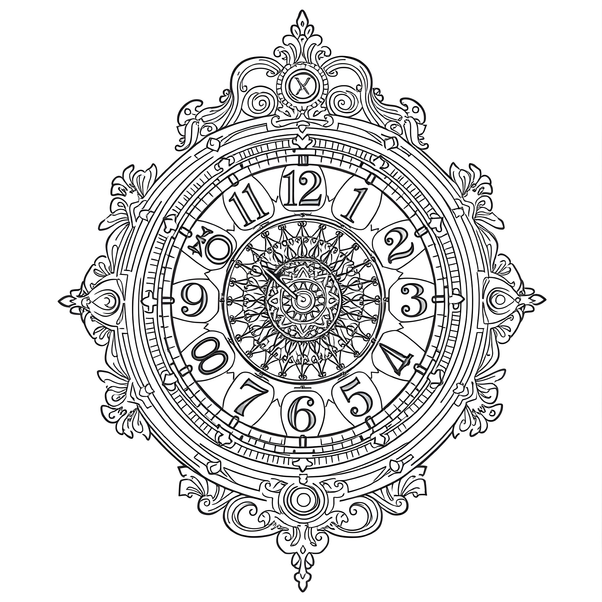 Clock with intricate ornamental design Coloring Page (free black-and-white line drawing printable PDF for all, from beginners to advanced learners, including children, teens, adults, and seniors)