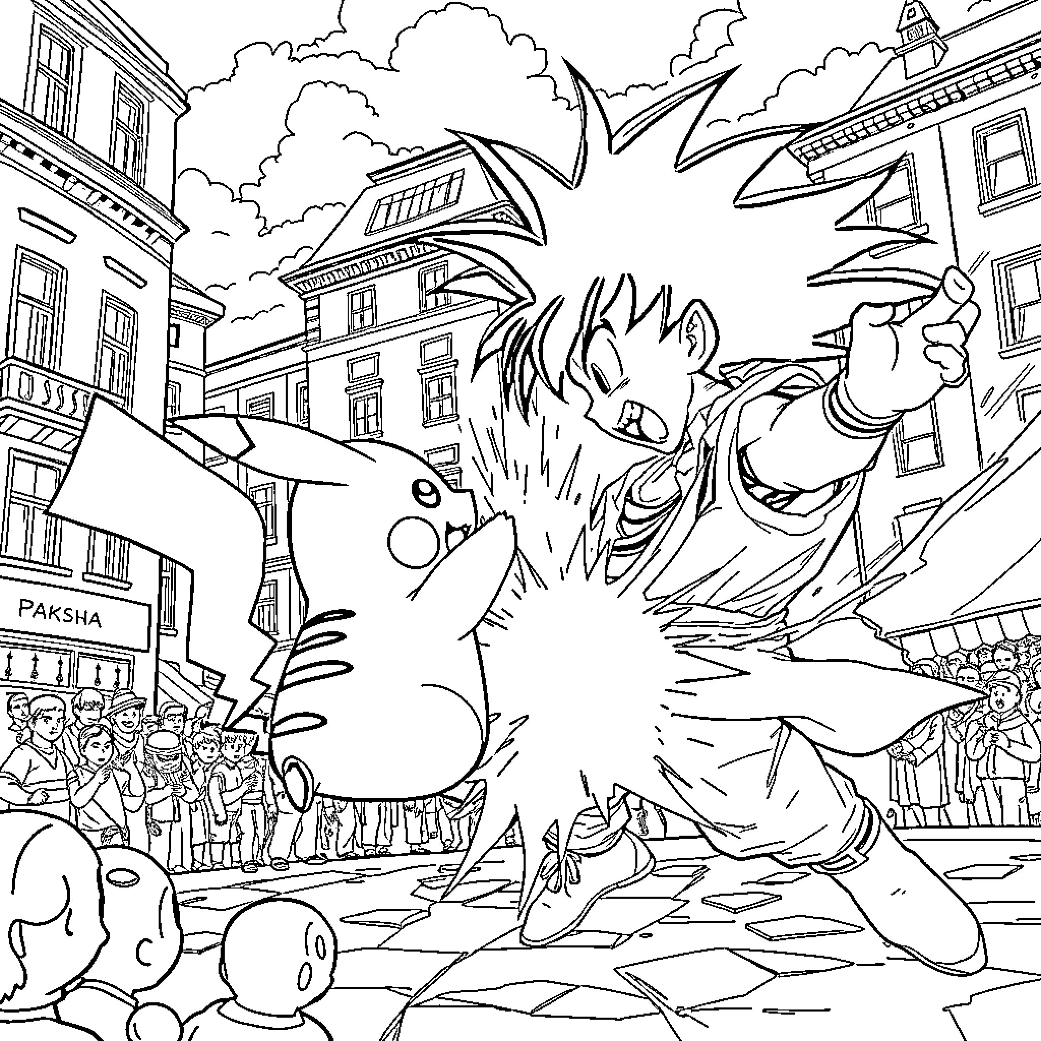 Pikachu battling in a dynamic urban scene Coloring Page (free black-and-white line drawing printable PDF for all, from beginners to advanced learners, including children, teens, adults, and seniors)