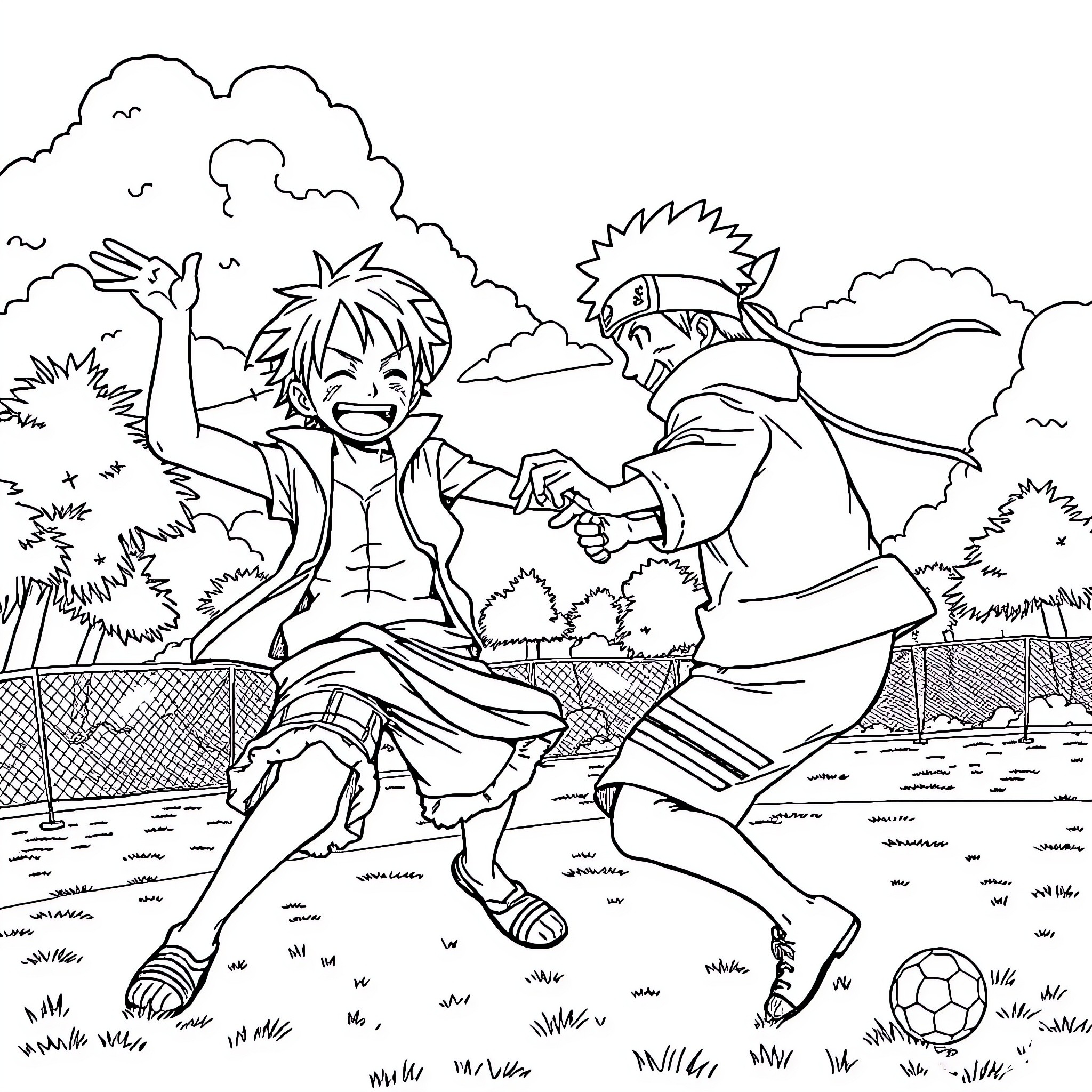 Luffy and Naruto Playing Soccer in the Park Coloring Page (free black-and-white line drawing printable PDF for all, from beginners to advanced learners, including children, teens, adults, and seniors)