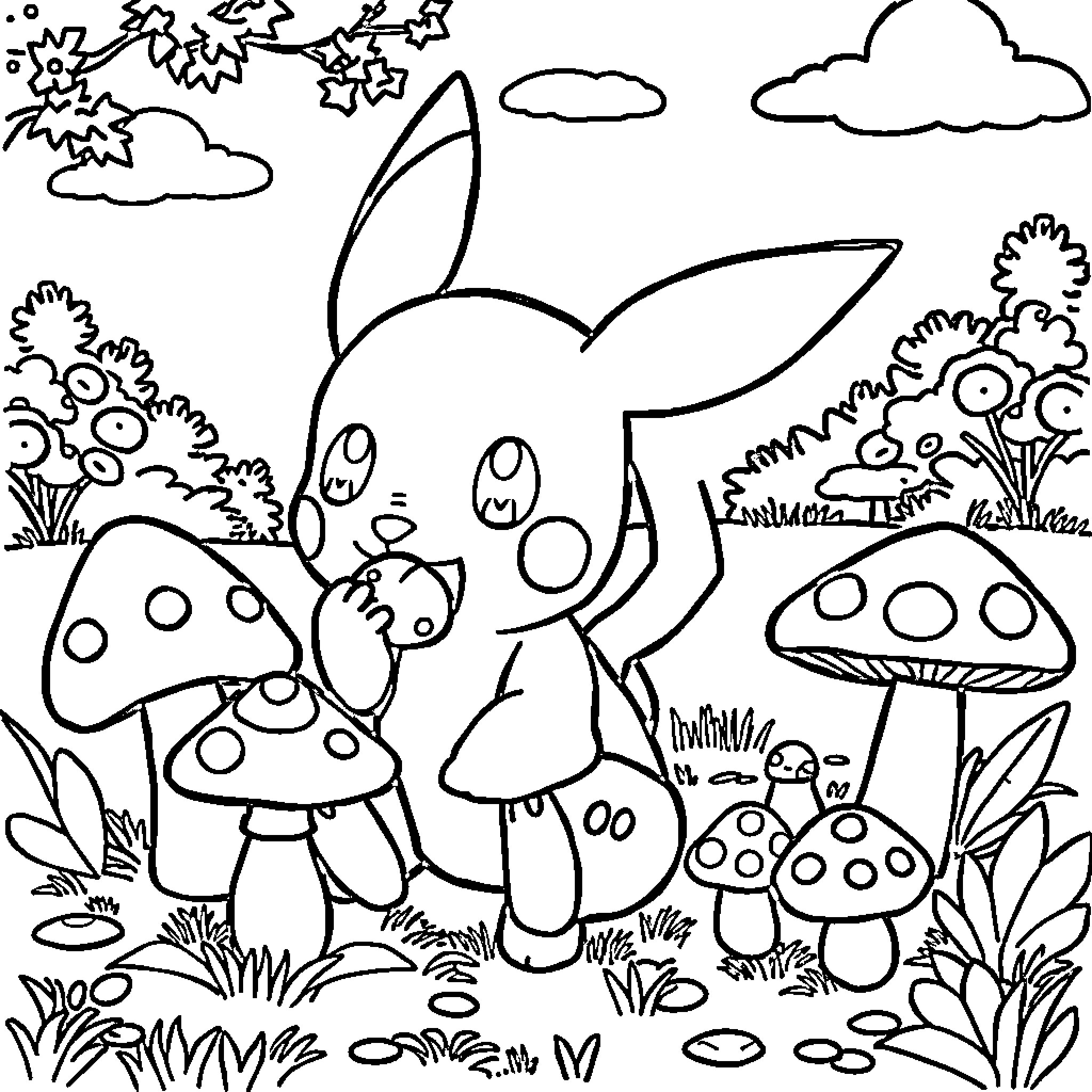 Pokemon characters exploring a whimsical mushroom forest Coloring Page (free black-and-white line drawing printable PDF for all, from beginners to advanced learners, including children, teens, adults, and seniors)