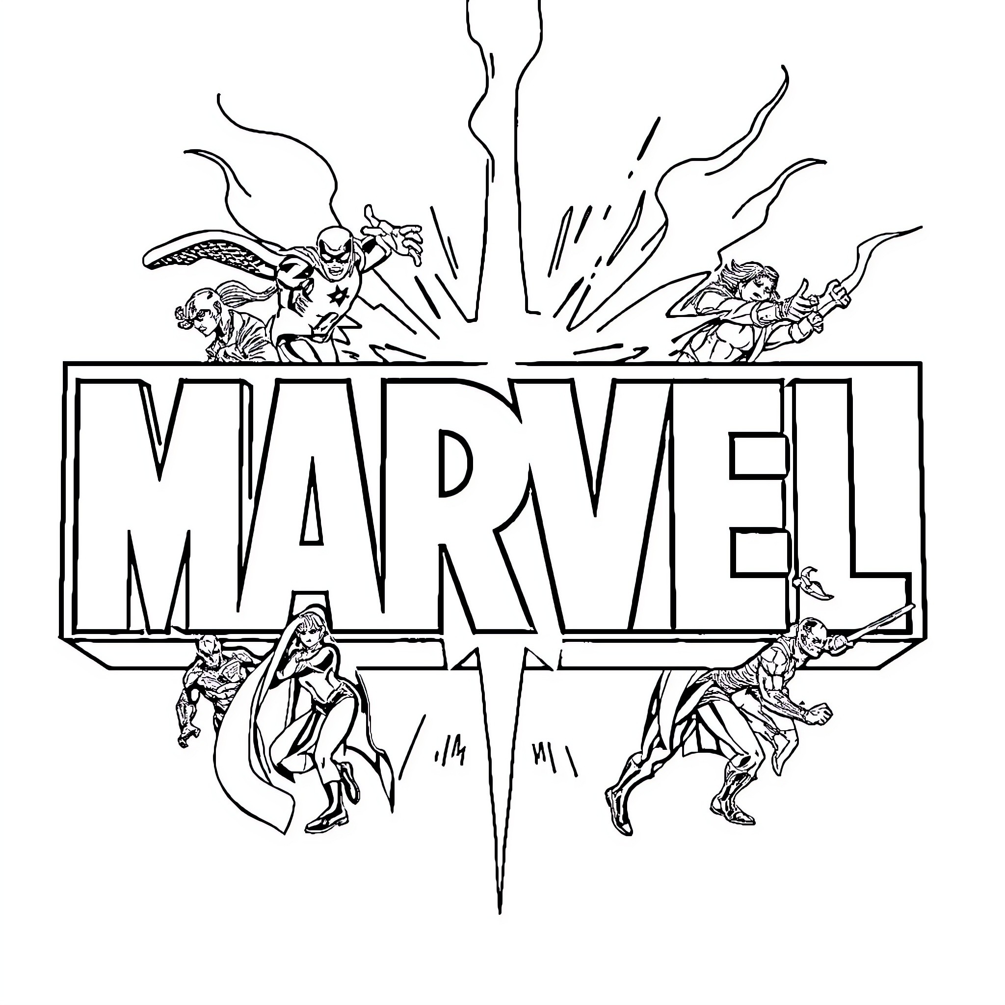 Marvel Heroes in Action Poses Coloring Page (free black-and-white line drawing printable PDF for all, from beginners to advanced learners, including children, teens, adults, and seniors)