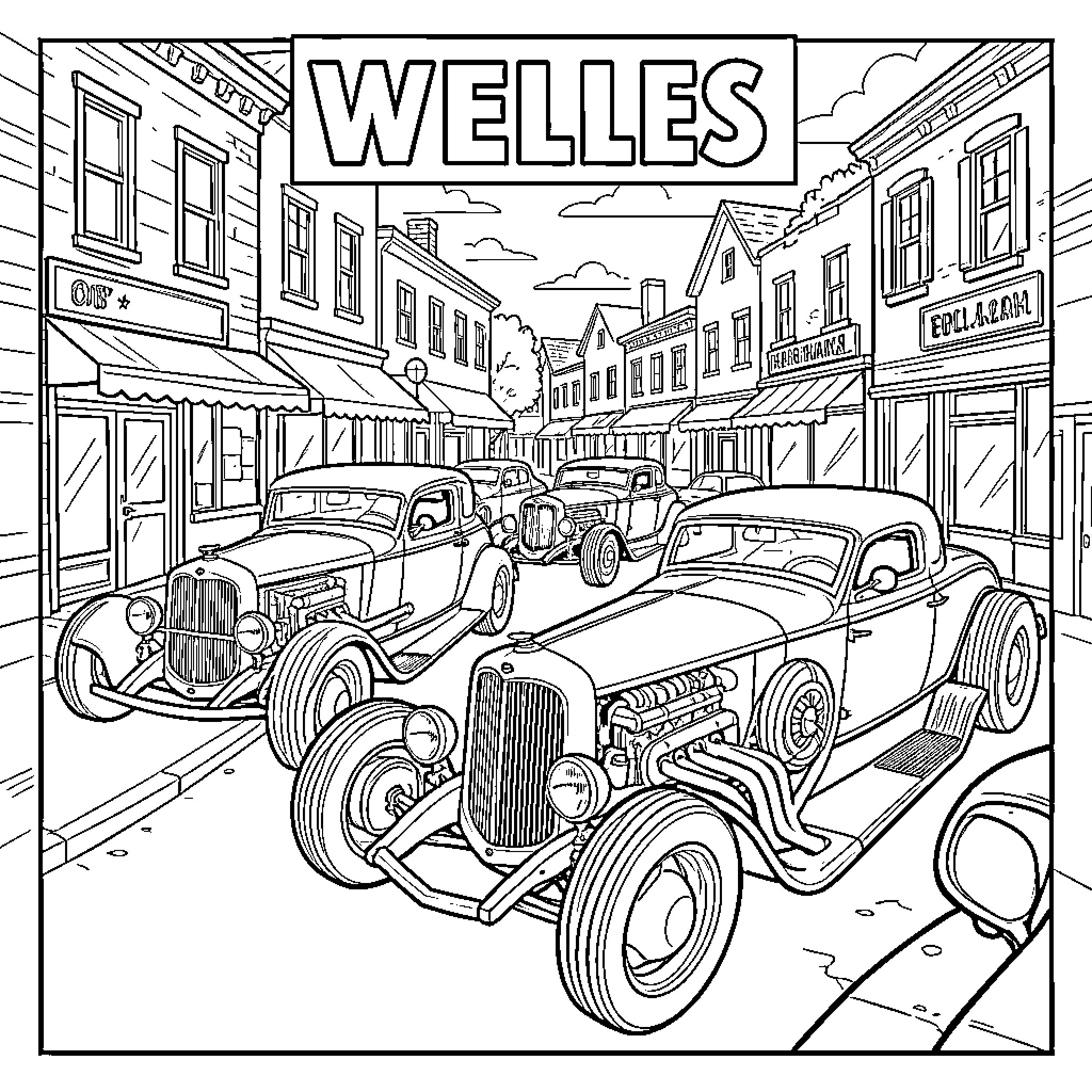 Hot Wheels vintage cars driving through a town street Coloring Page (free black-and-white line drawing printable PDF for all, from beginners to advanced learners, including children, teens, adults, and seniors)
