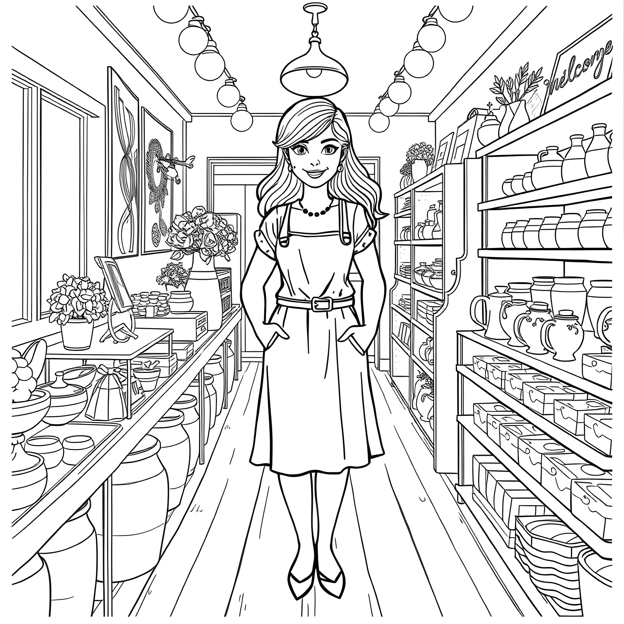 Bobbie Goods Exploring a Quaint Artisan Shop Coloring Page (free black-and-white line drawing printable PDF for all, from beginners to advanced learners, including children, teens, adults, and seniors)
