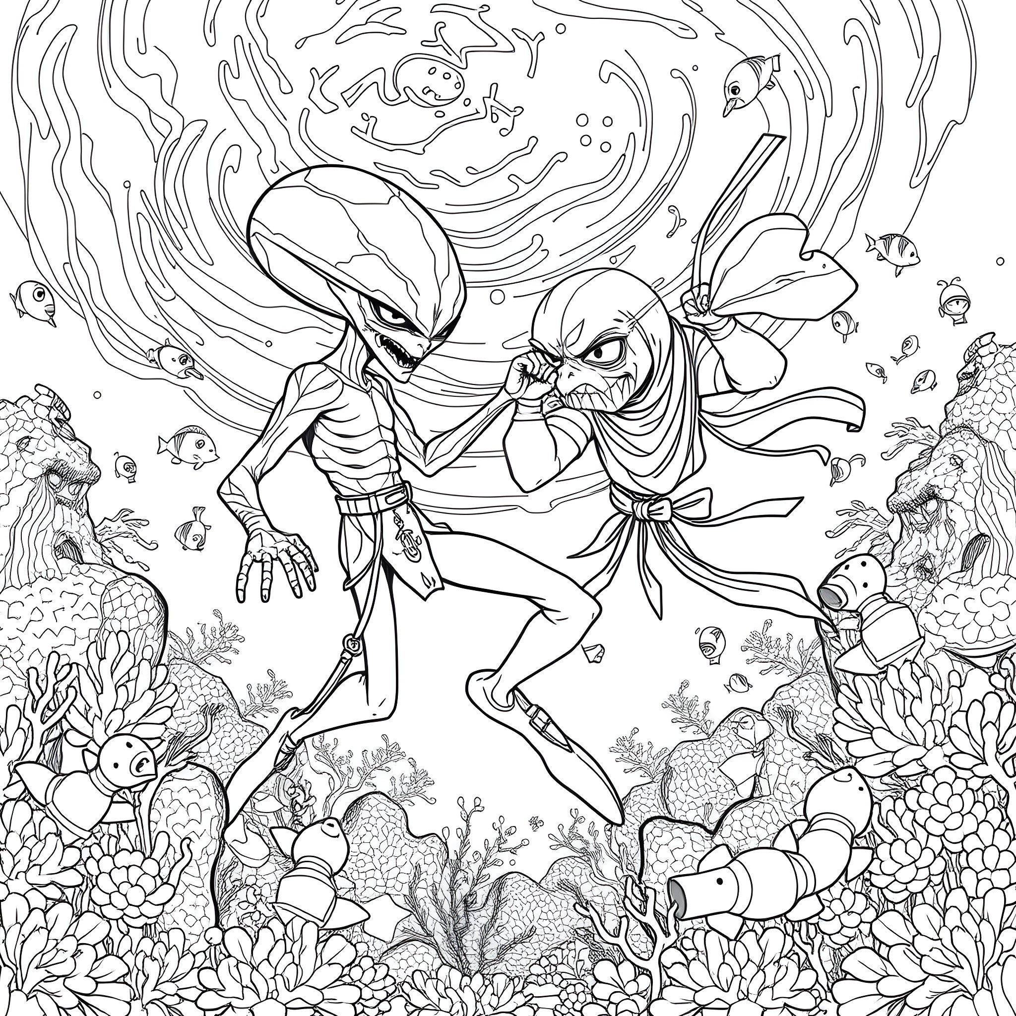 Martian creatures exploring the underwater ocean Coloring Page (free black-and-white line drawing printable PDF for all, from beginners to advanced learners, including children, teens, adults, and seniors)