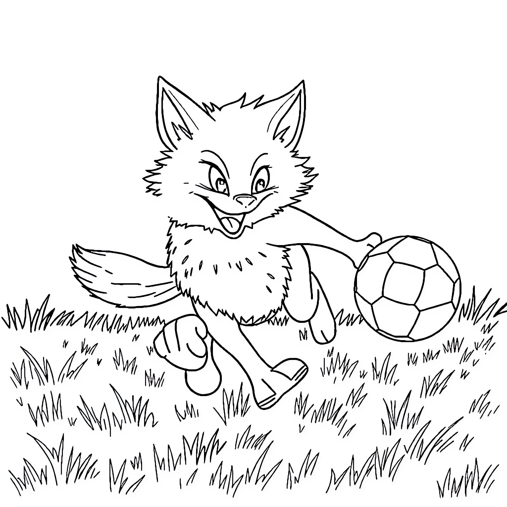 Wolf playing with a soccer ball in the grass Coloring Page (free black-and-white line drawing printable PDF for all, from beginners to advanced learners, including children, teens, adults, and seniors)
