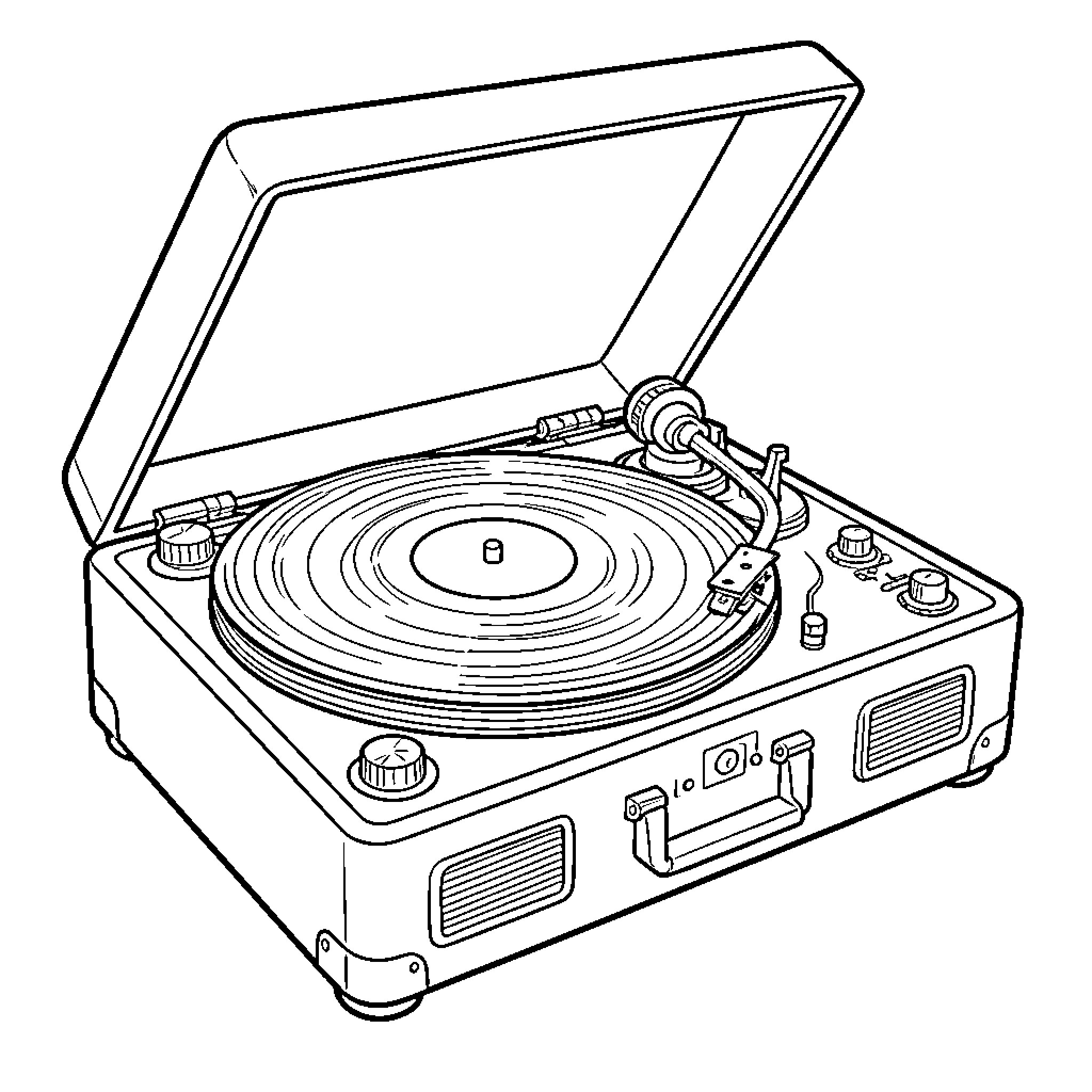 Record Player with Rotating Turntable and Retro Design Coloring Page (free black-and-white line drawing printable PDF for all, from beginners to advanced learners, including children, teens, adults, and seniors)