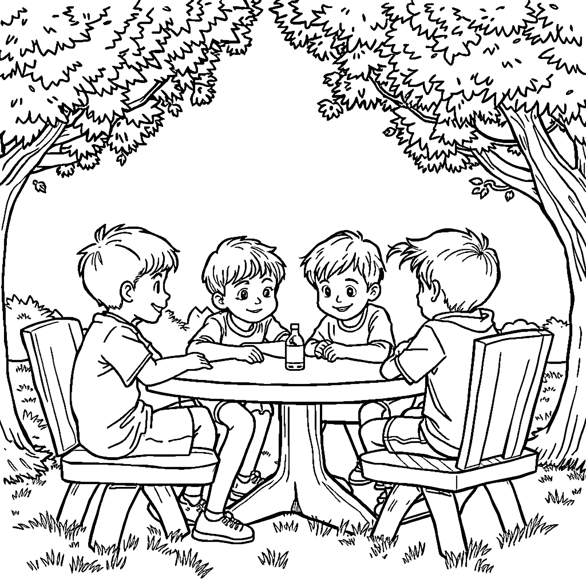 Child friends enjoying snack outdoors Coloring Page (free black-and-white line drawing printable PDF for all, from beginners to advanced learners, including children, teens, adults, and seniors)