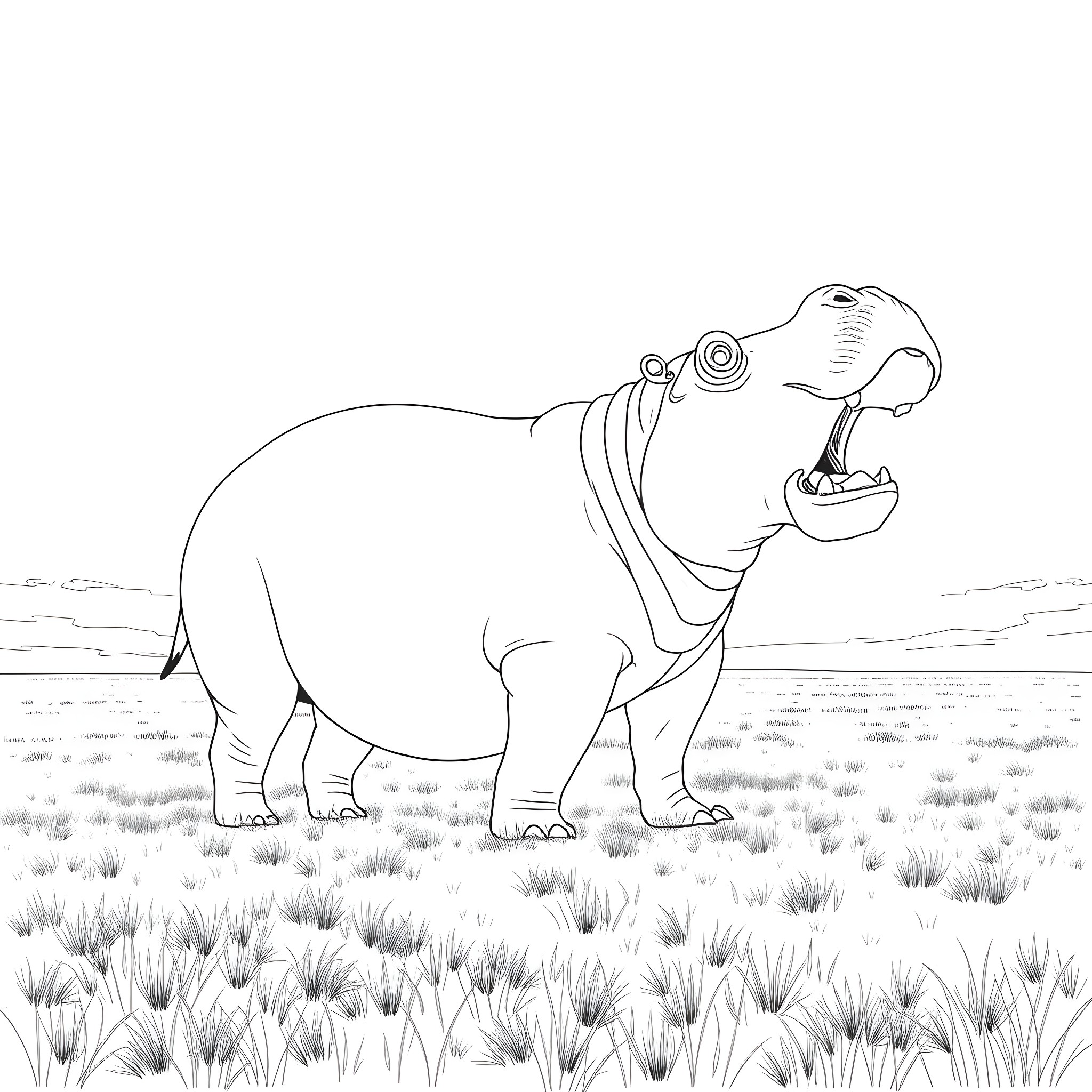 Hippopotamus with open mouth in the field Coloring Page (free black-and-white line drawing printable PDF for all, from beginners to advanced learners, including children, teens, adults, and seniors)