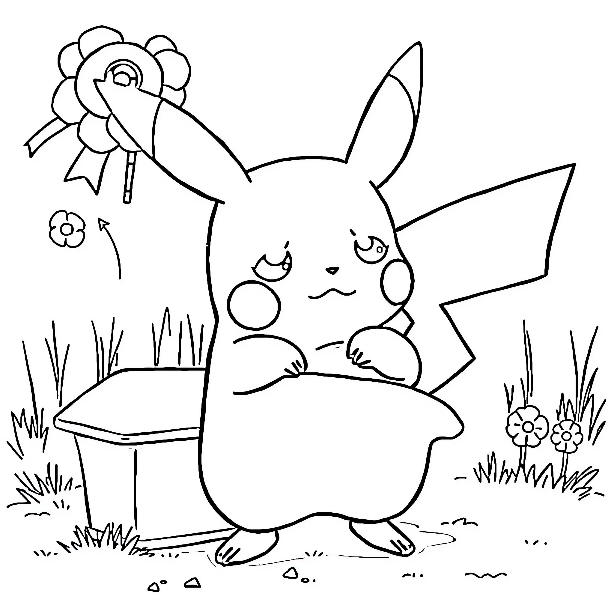 Pikachu enjoying a flower in the garden Coloring Page (free black-and-white line drawing printable PDF for all, from beginners to advanced learners, including children, teens, adults, and seniors)
