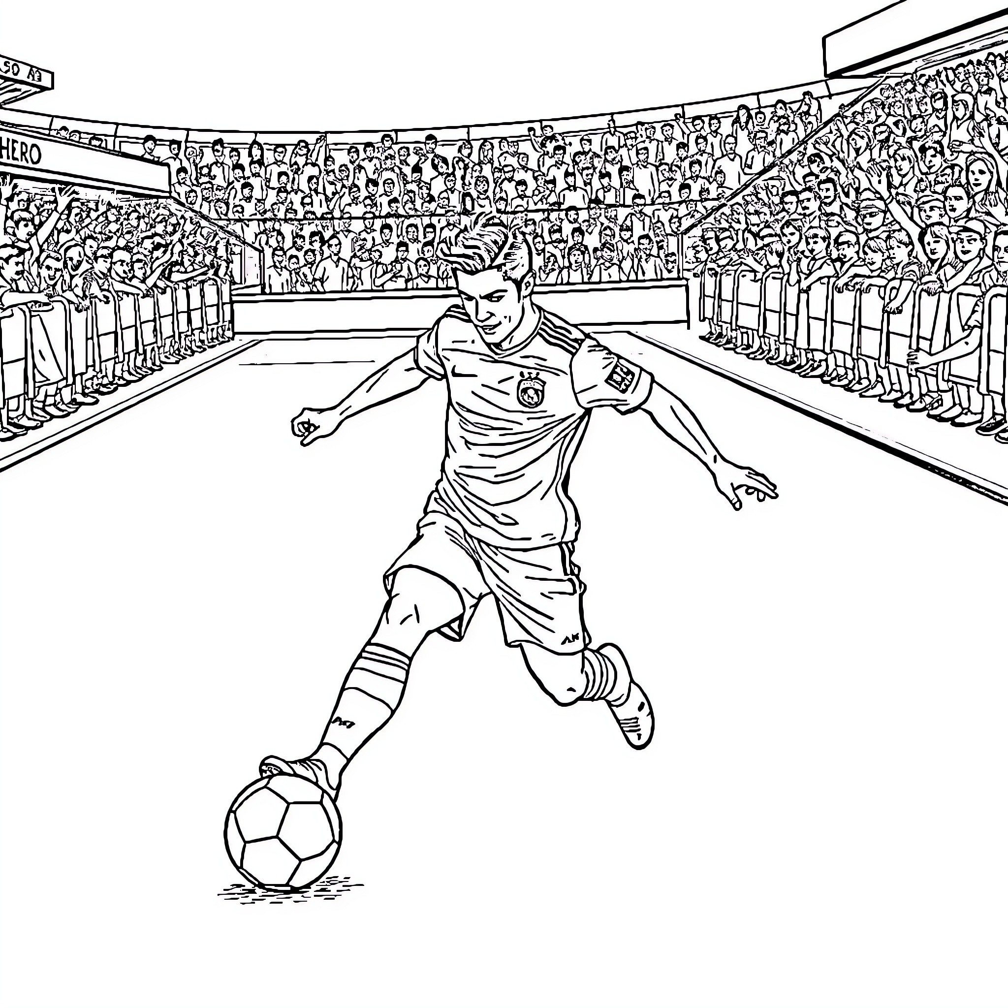 Ronaldo scoring a goal in front of cheering crowd Coloring Page (free black-and-white line drawing printable PDF for all, from beginners to advanced learners, including children, teens, adults, and seniors)