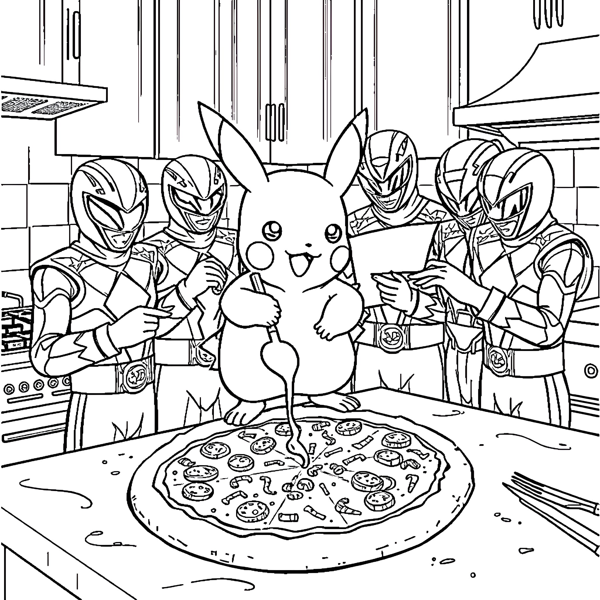 Pikachu enjoys a tasty pizza with Power Rangers Coloring Page (free black-and-white line drawing printable PDF for all, from beginners to advanced learners, including children, teens, adults, and seniors)