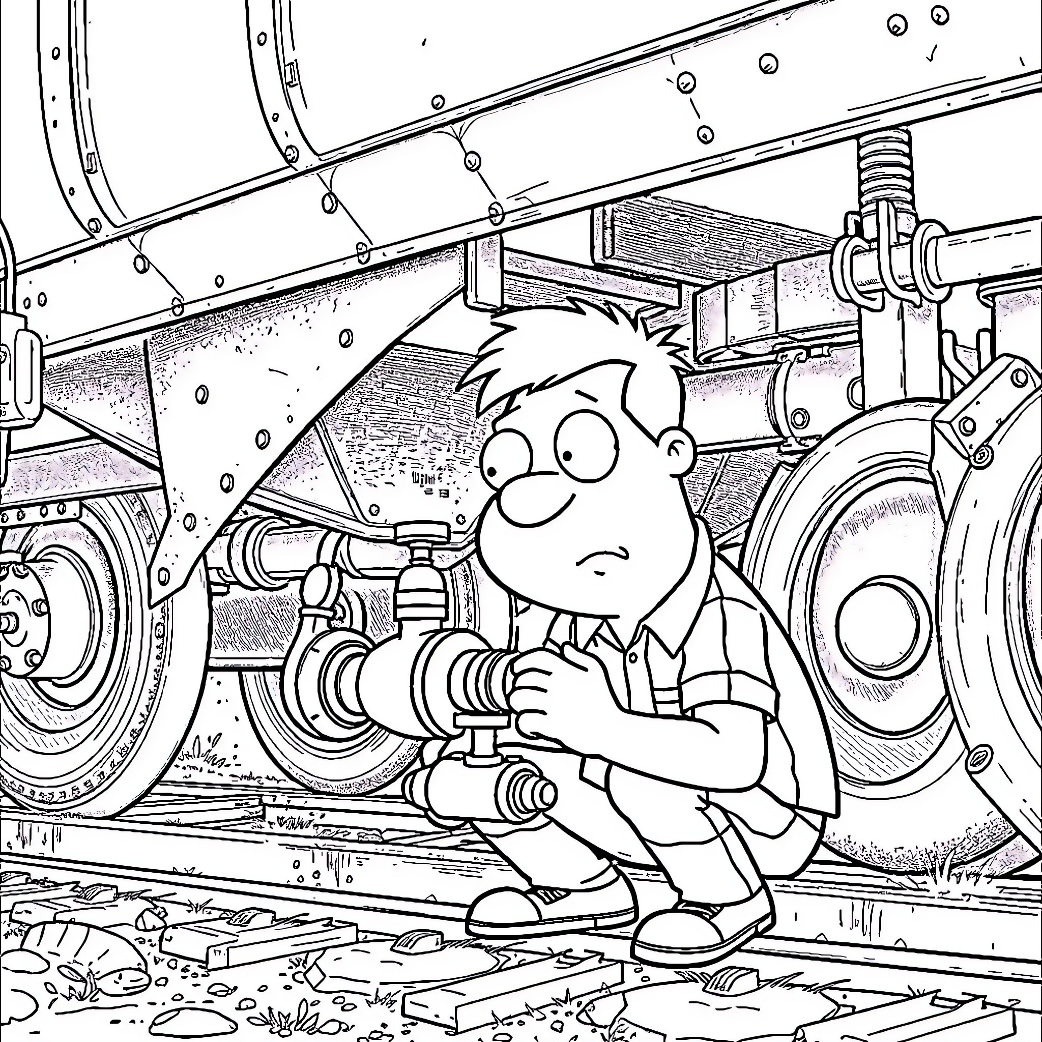 Roger Inspecting the Mechanical Details of a Train Coloring Page (free black-and-white line drawing printable PDF for all, from beginners to advanced learners, including children, teens, adults, and seniors)