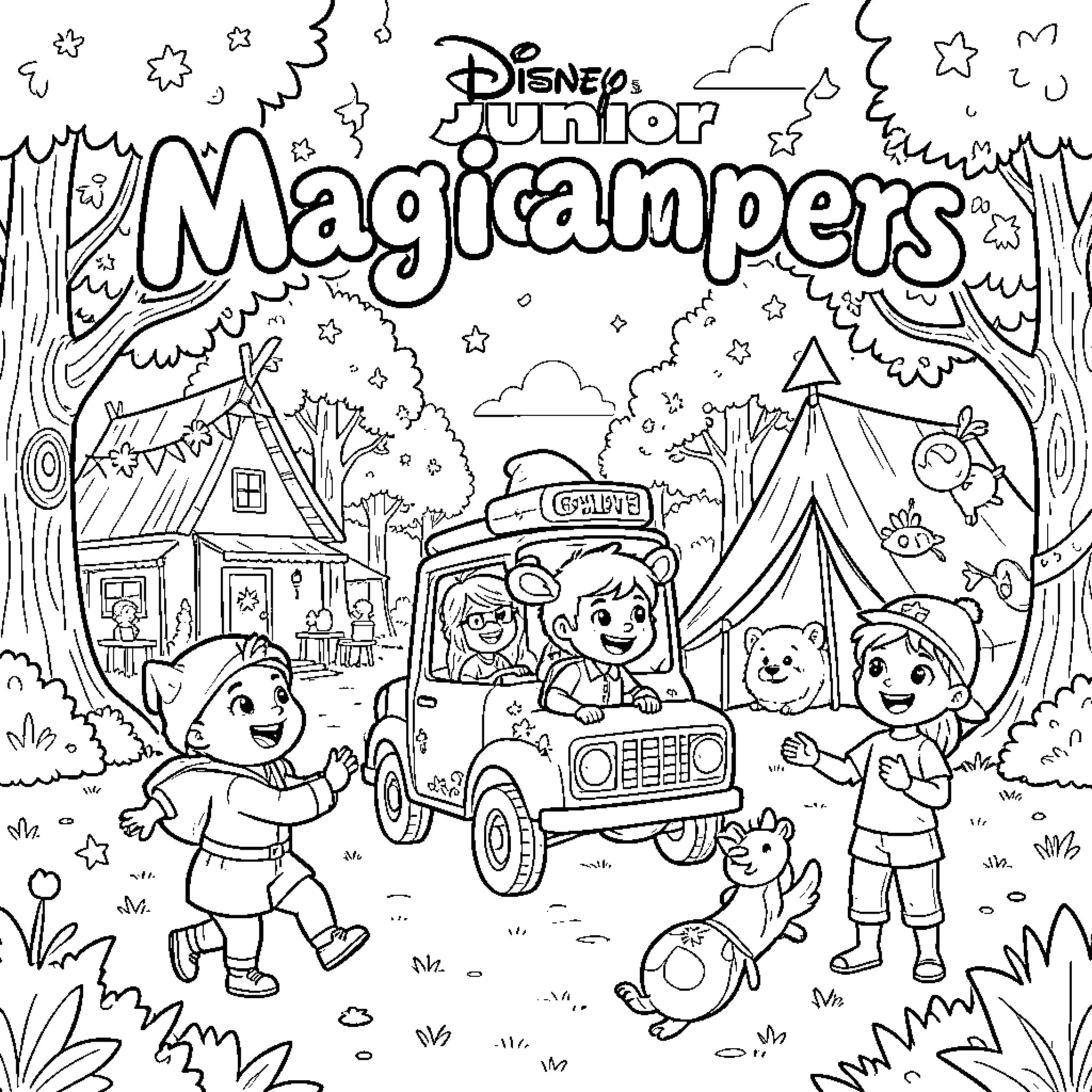 Magicamper characters driving a jeep and playing in the forest Coloring Page (free black-and-white line drawing printable PDF for all, from beginners to advanced learners, including children, teens, adults, and seniors)