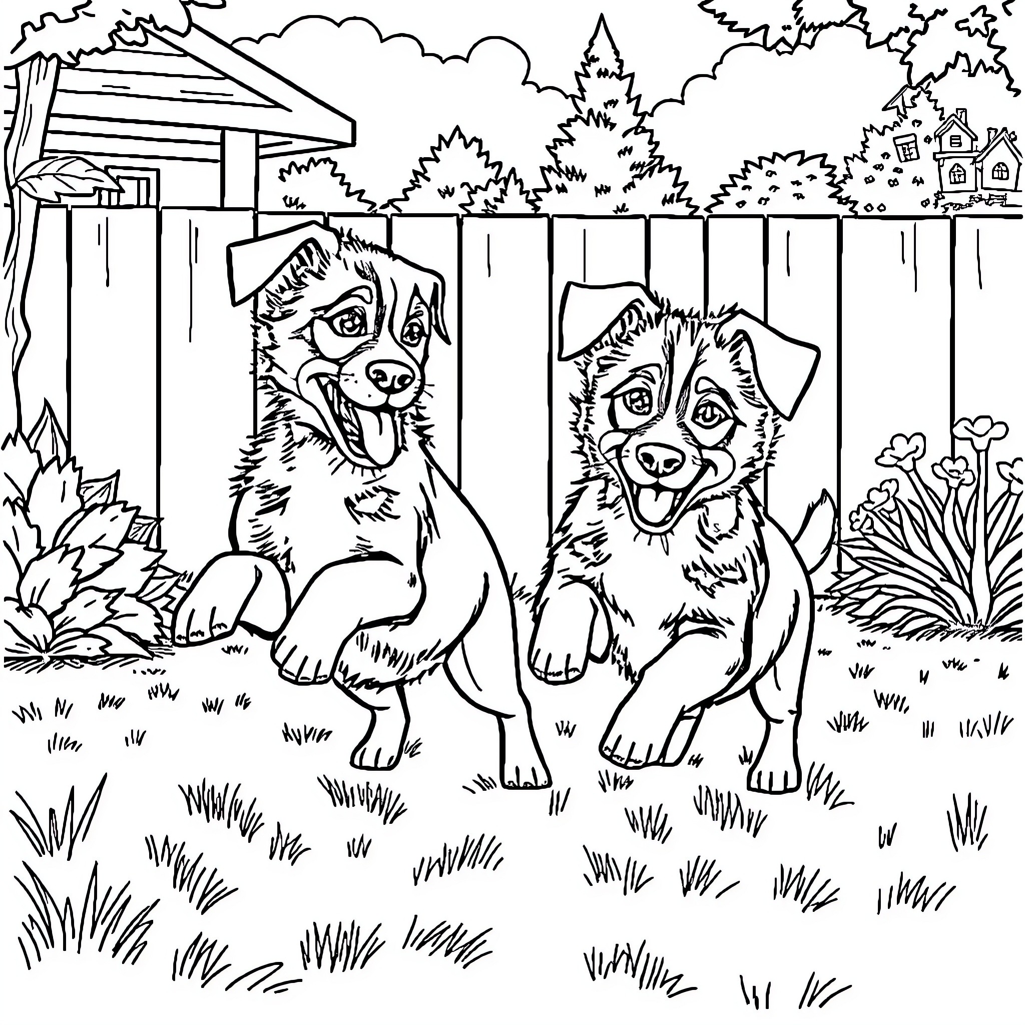 Bluey's Canine Companions Exploring the Backyard Coloring Page (free black-and-white line drawing printable PDF for all, from beginners to advanced learners, including children, teens, adults, and seniors)