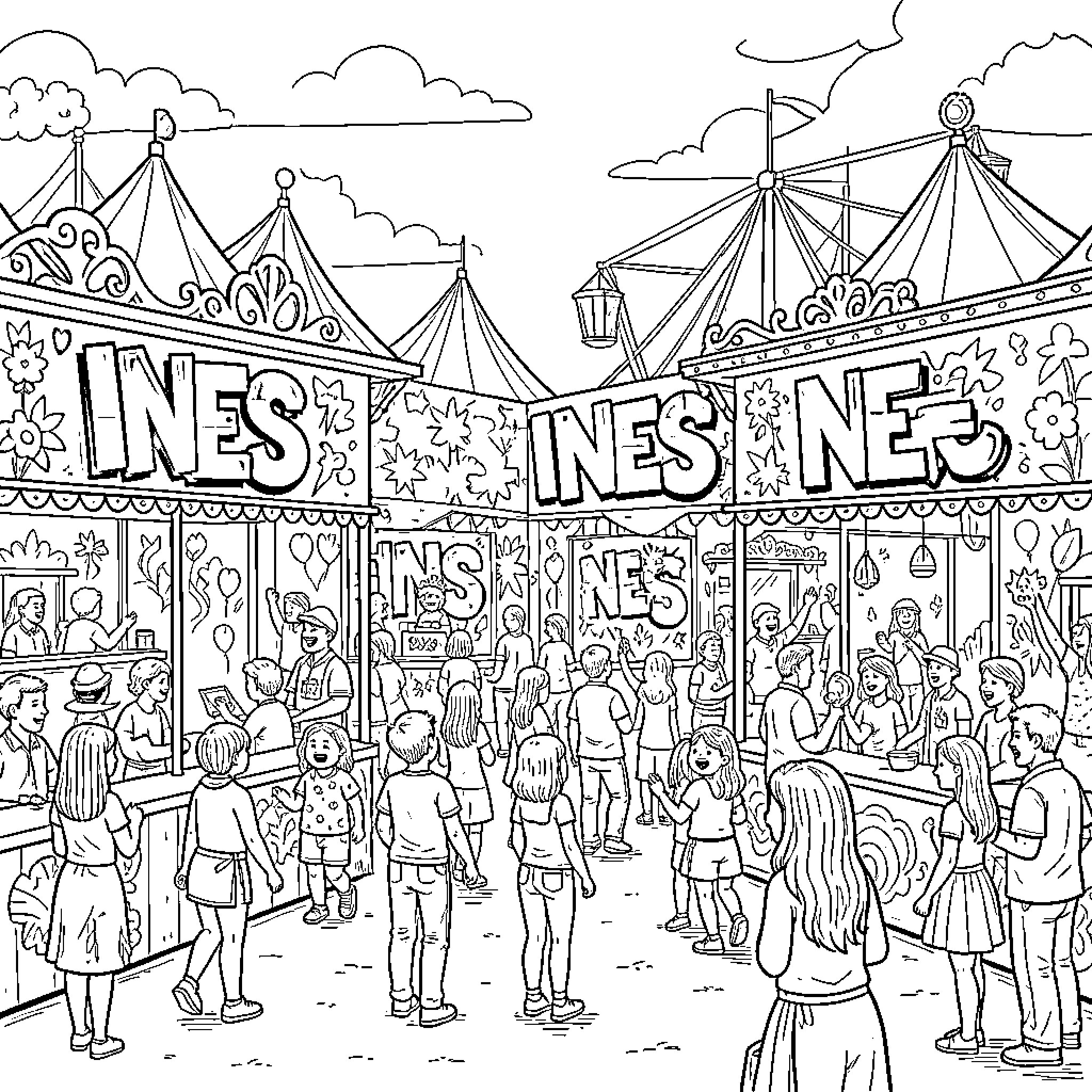 Graffiti Carnival with Vibrant Crowds and Tents Coloring Page (free black-and-white line drawing printable PDF for all, from beginners to advanced learners, including children, teens, adults, and seniors)