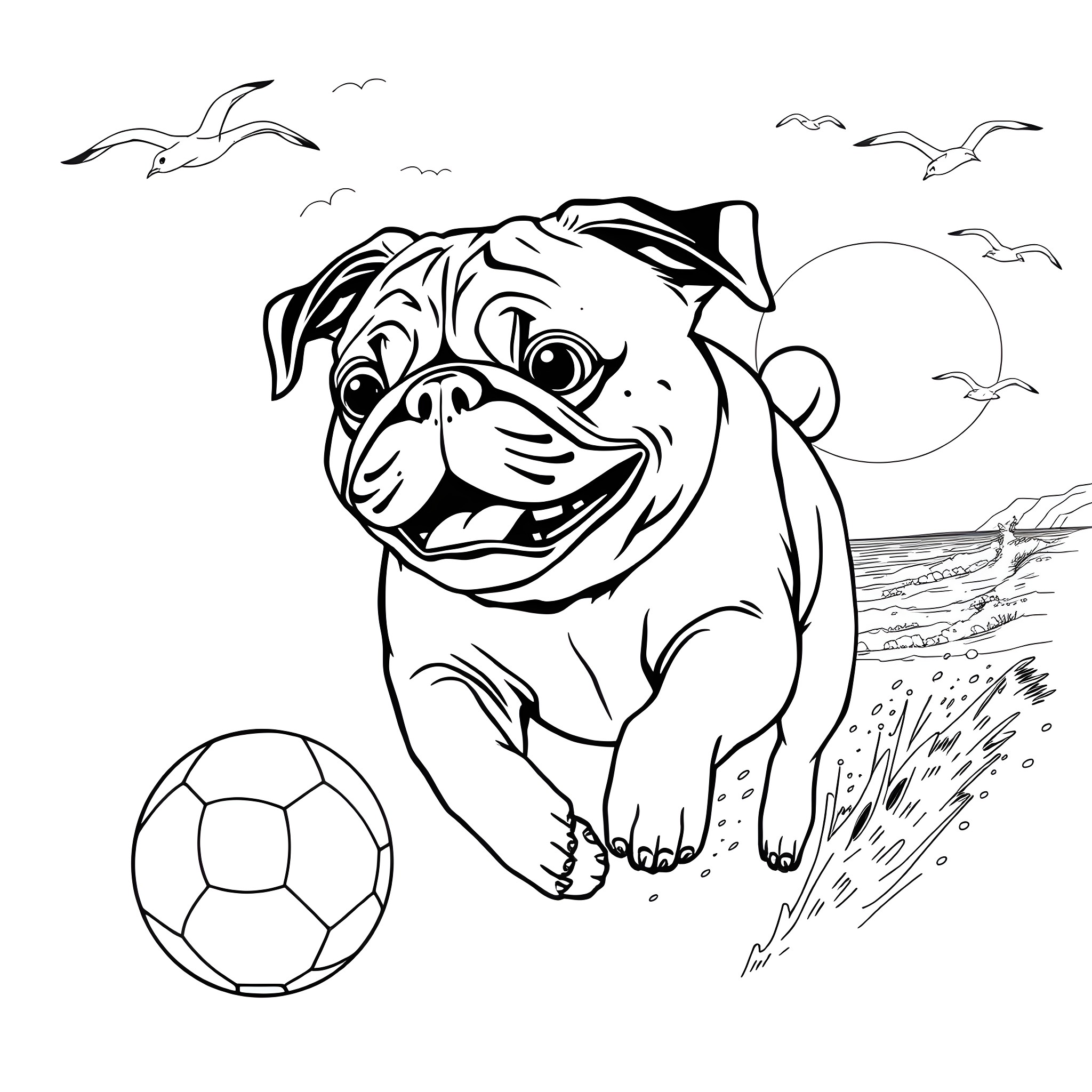 Pug playing happily with soccer ball on the beach Coloring Page (free black-and-white line drawing printable PDF for all, from beginners to advanced learners, including children, teens, adults, and seniors)
