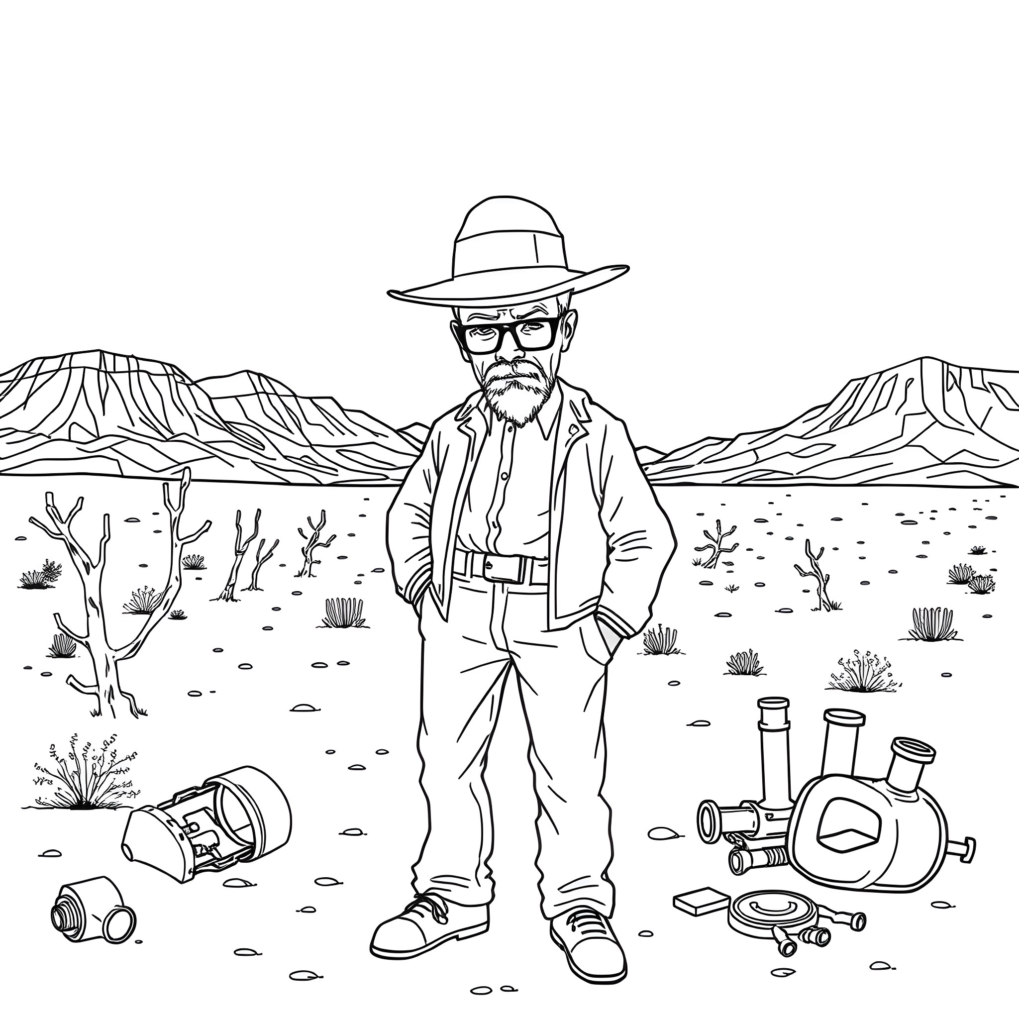 Walter White in the Desert Wilderness Coloring Page (free black-and-white line drawing printable PDF for all, from beginners to advanced learners, including children, teens, adults, and seniors)