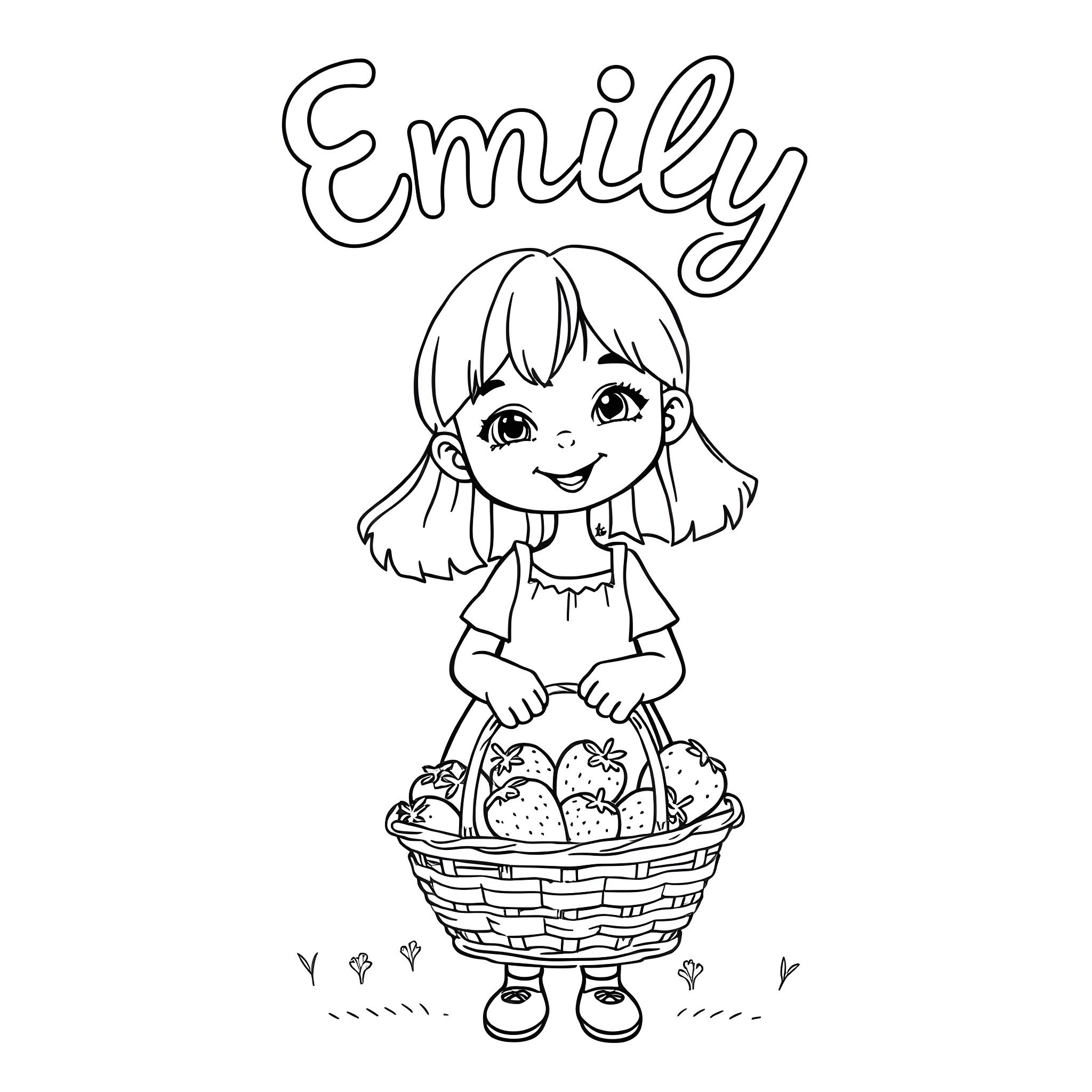 Girl holding a basket of flowers Coloring Page (free black-and-white line drawing printable PDF for all, from beginners to advanced learners, including children, teens, adults, and seniors)