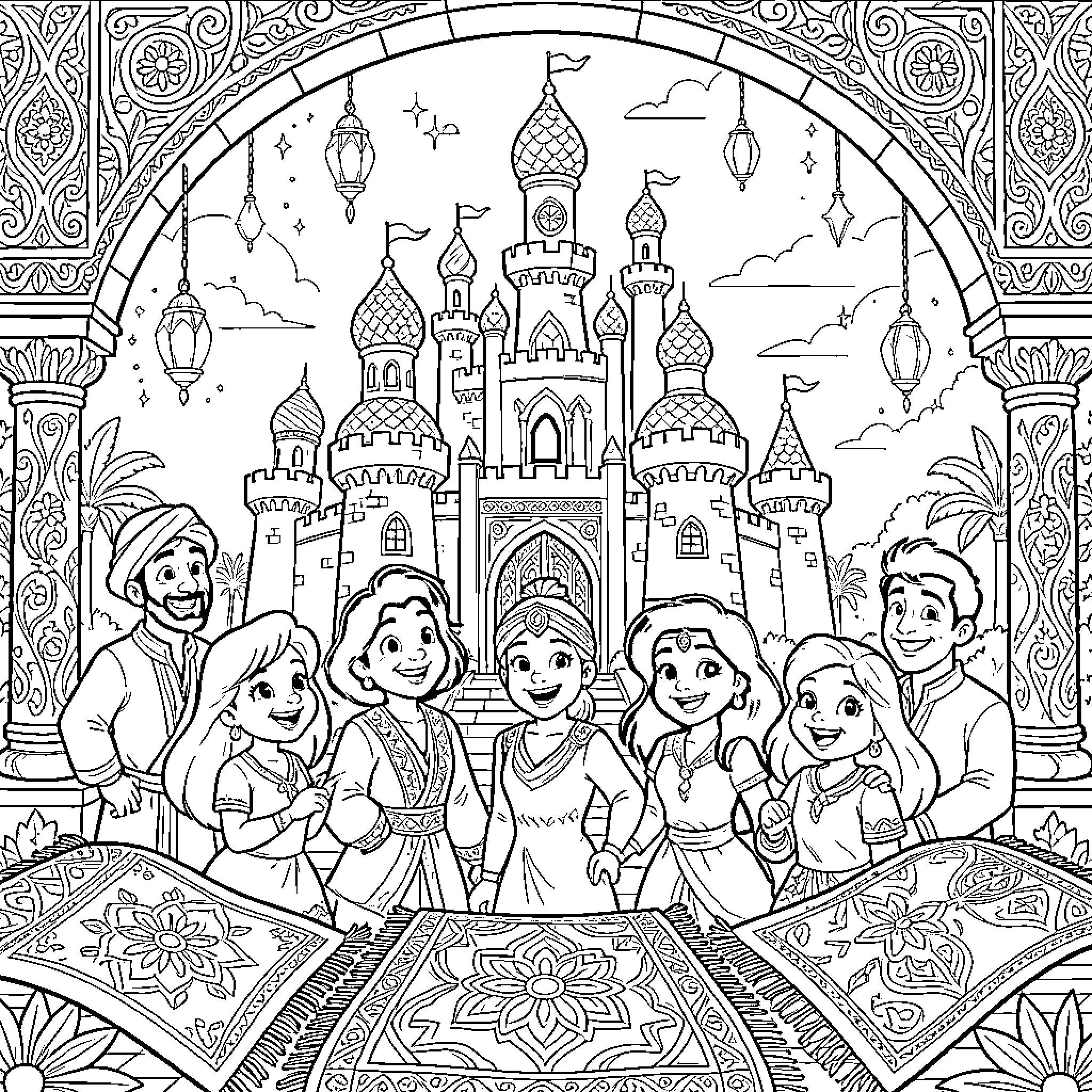 Disney Characters Gathered in Ornate Arabian Castle Coloring Page (free black-and-white line drawing printable PDF for all, from beginners to advanced learners, including children, teens, adults, and seniors)