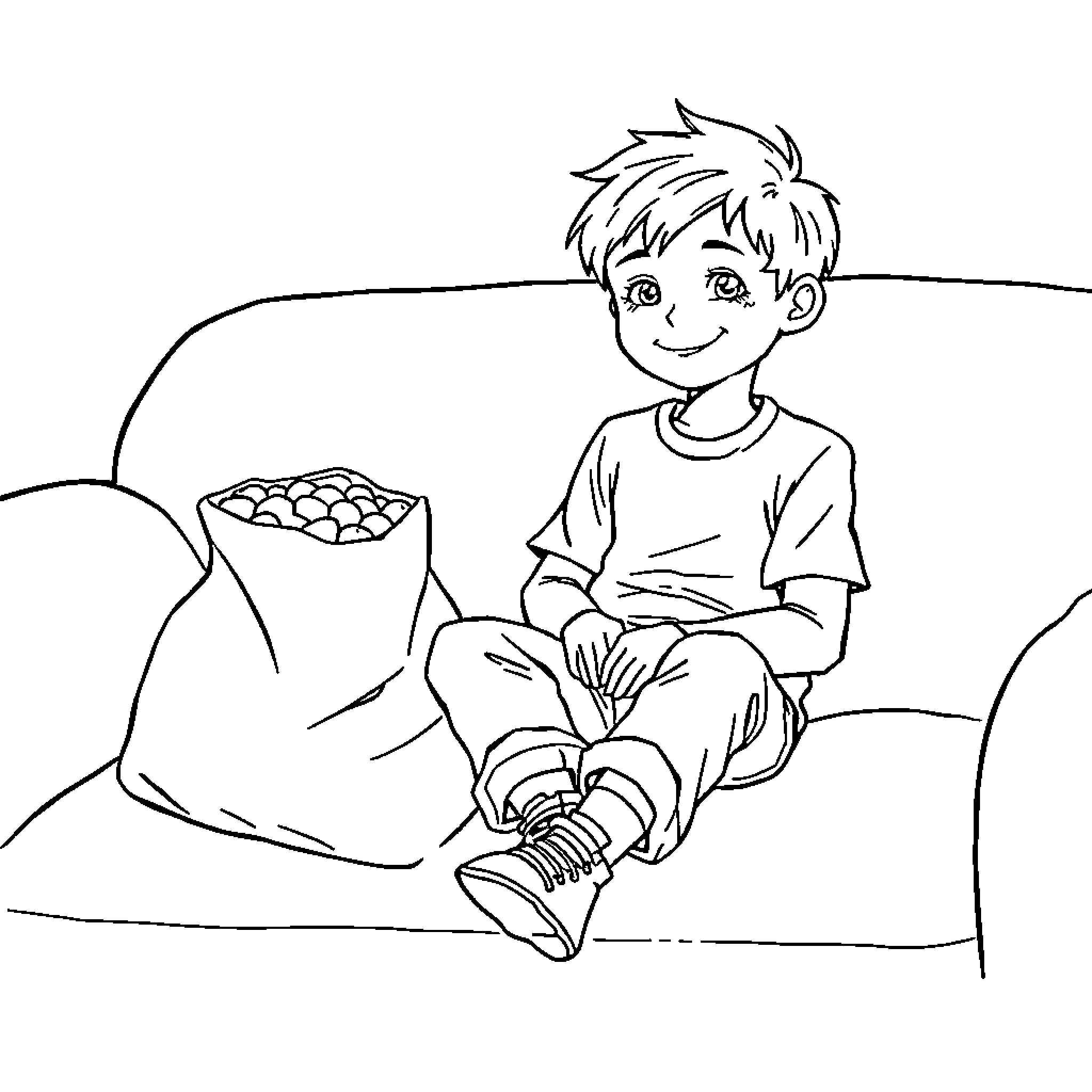 Boy enjoys a snack of candies Coloring Page (free black-and-white line drawing printable PDF for all, from beginners to advanced learners, including children, teens, adults, and seniors)