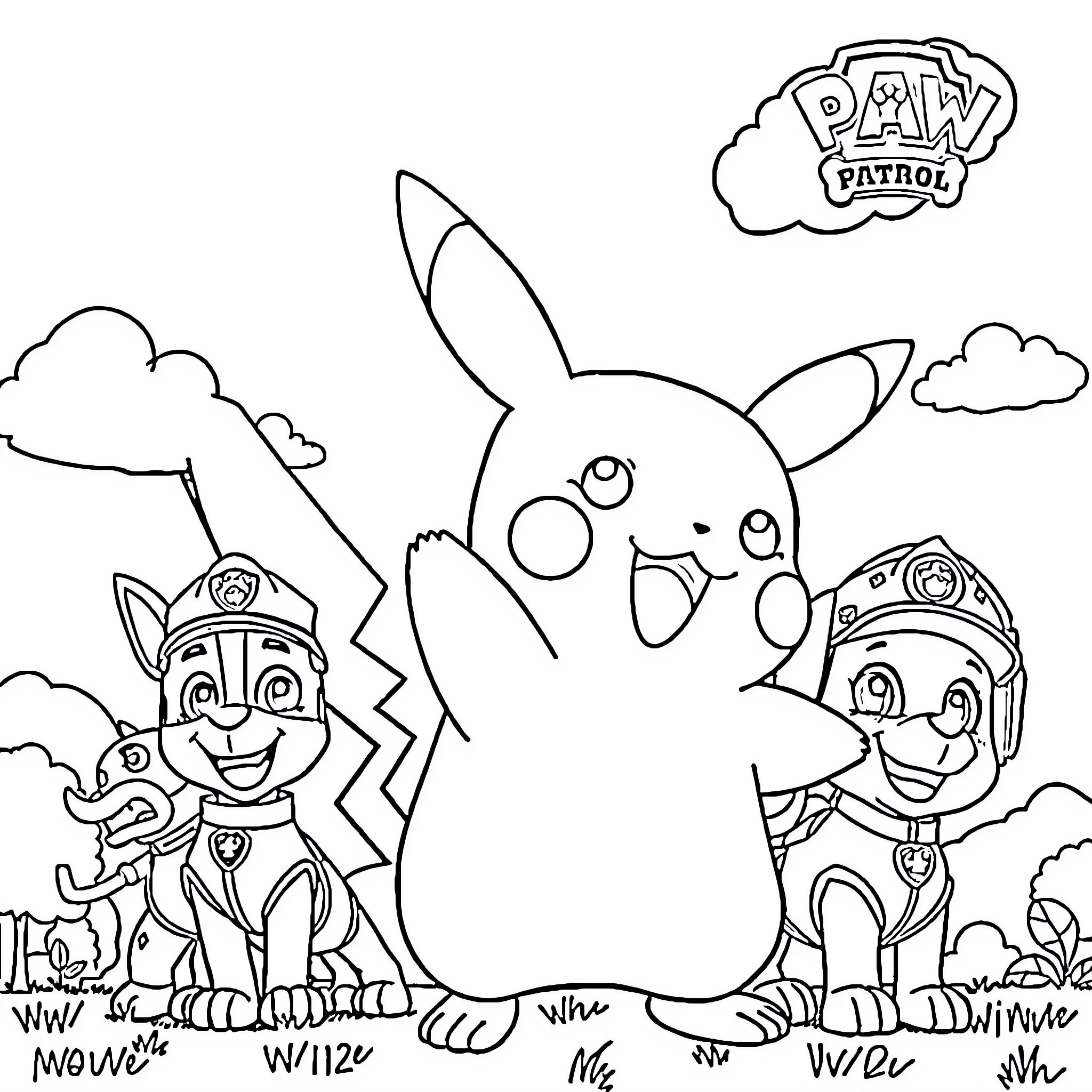 Pikachu joins the Paw Patrol team Coloring Page (free black-and-white line drawing printable PDF for all, from beginners to advanced learners, including children, teens, adults, and seniors)