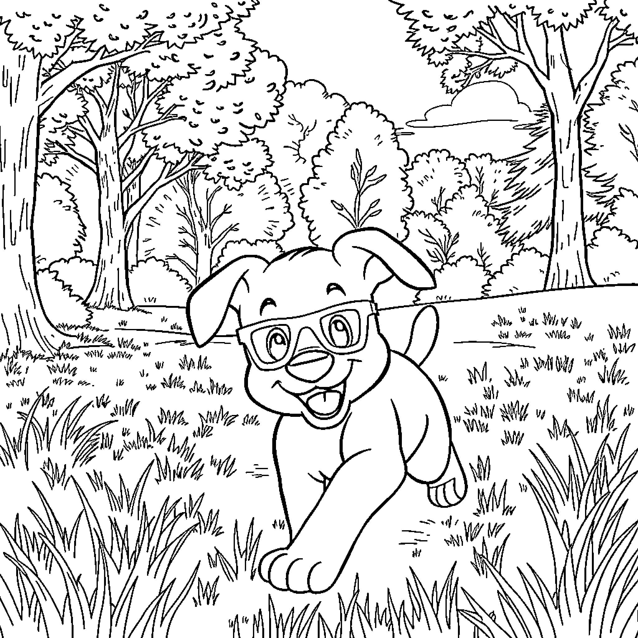 Bluey's Playful Adventure in the Forest Coloring Page (free black-and-white line drawing printable PDF for all, from beginners to advanced learners, including children, teens, adults, and seniors)