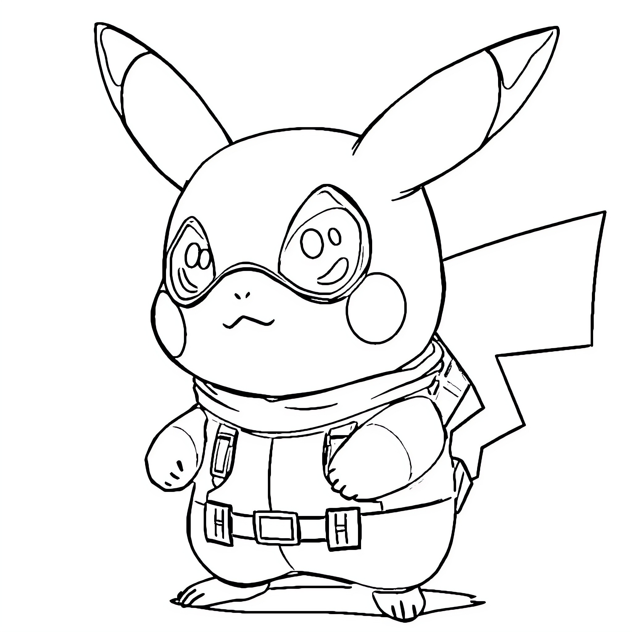 Pikachu in adventure gear Coloring Page (free black-and-white line drawing printable PDF for all, from beginners to advanced learners, including children, teens, adults, and seniors)