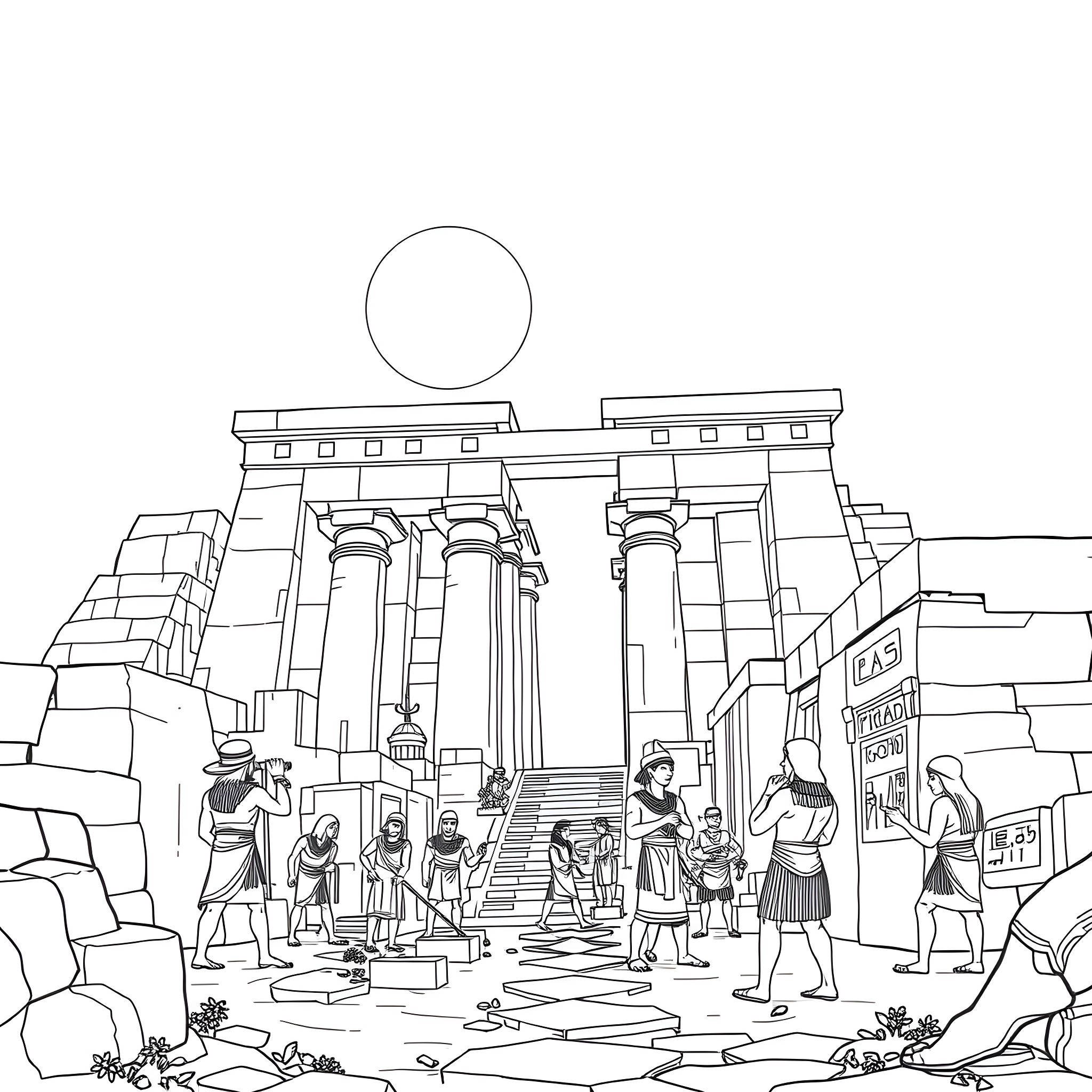 Ancient People Gathering at Monumental Ruins Coloring Page (free black-and-white line drawing printable PDF for all, from beginners to advanced learners, including children, teens, adults, and seniors)