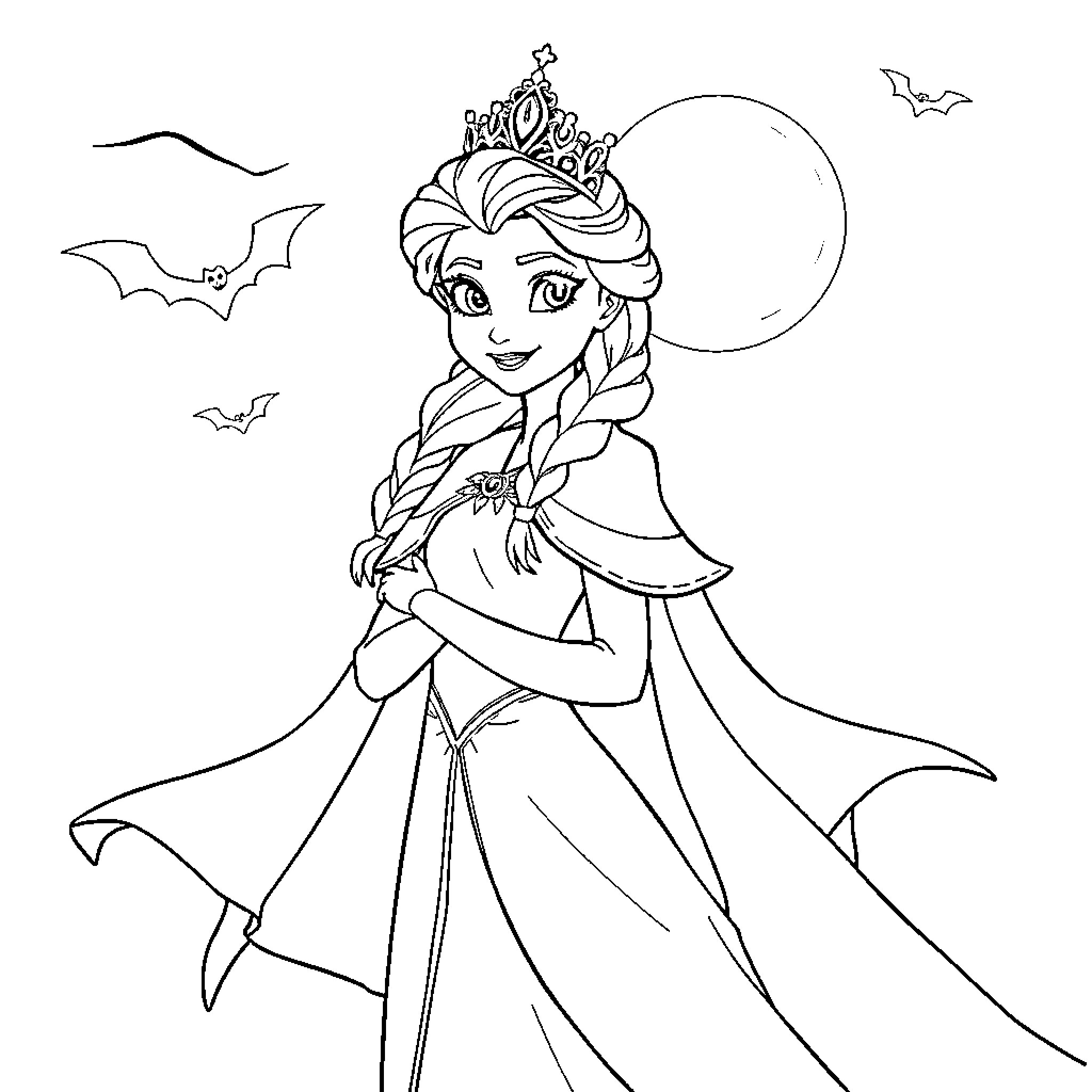 Elsa in a magnificent gown under the moonlight Coloring Page (free black-and-white line drawing printable PDF for all, from beginners to advanced learners, including children, teens, adults, and seniors)