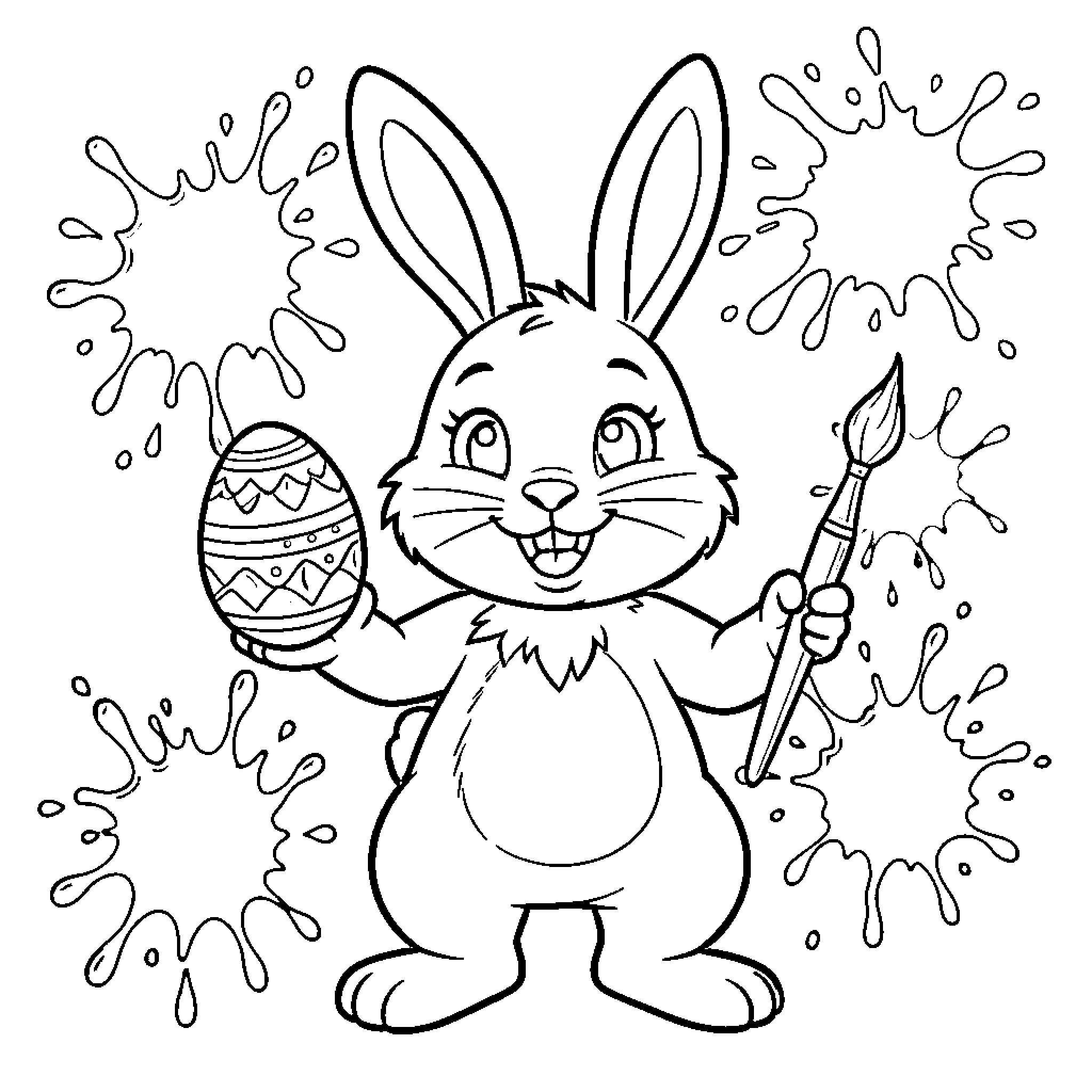 Easter Bunny Joyfully Painting Egg with Splashes Coloring Page (free black-and-white line drawing printable PDF for all, from beginners to advanced learners, including children, teens, adults, and seniors)
