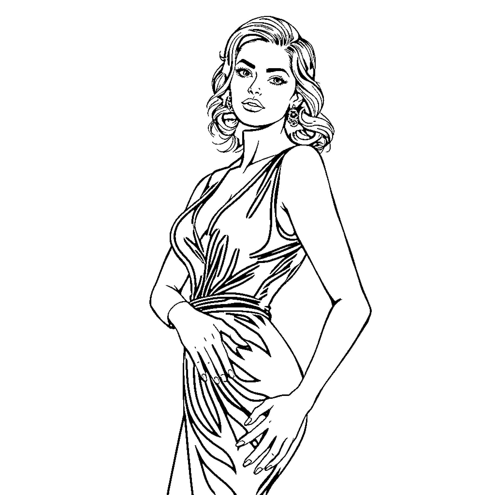 Female figure in elegant dress posing confidently Coloring Page (free black-and-white line drawing printable PDF for all, from beginners to advanced learners, including children, teens, adults, and seniors)