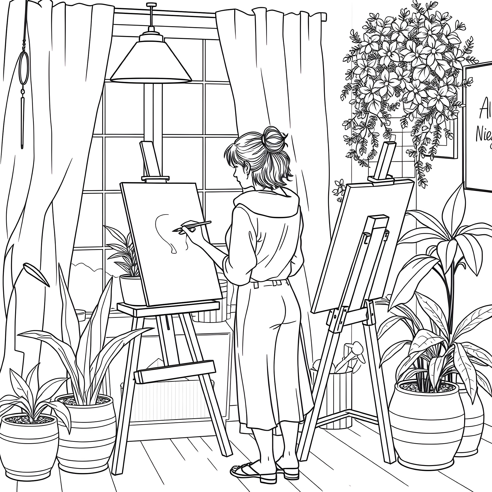 Woman painting in her artistic studio Coloring Page (free black-and-white line drawing printable PDF for all, from beginners to advanced learners, including children, teens, adults, and seniors)