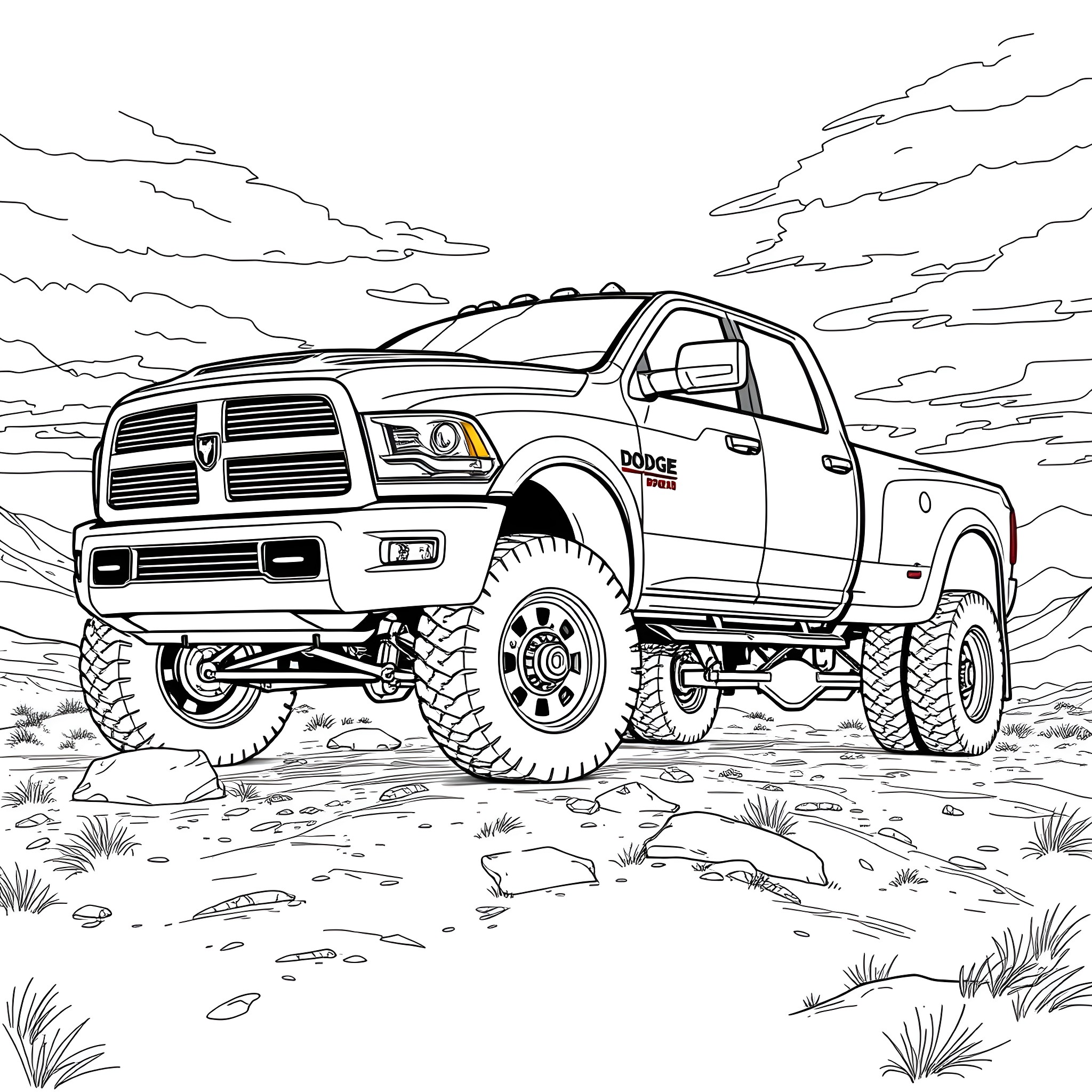 Dodge Dually off-road adventure in the wilderness Coloring Page (free black-and-white line drawing printable PDF for all, from beginners to advanced learners, including children, teens, adults, and seniors)