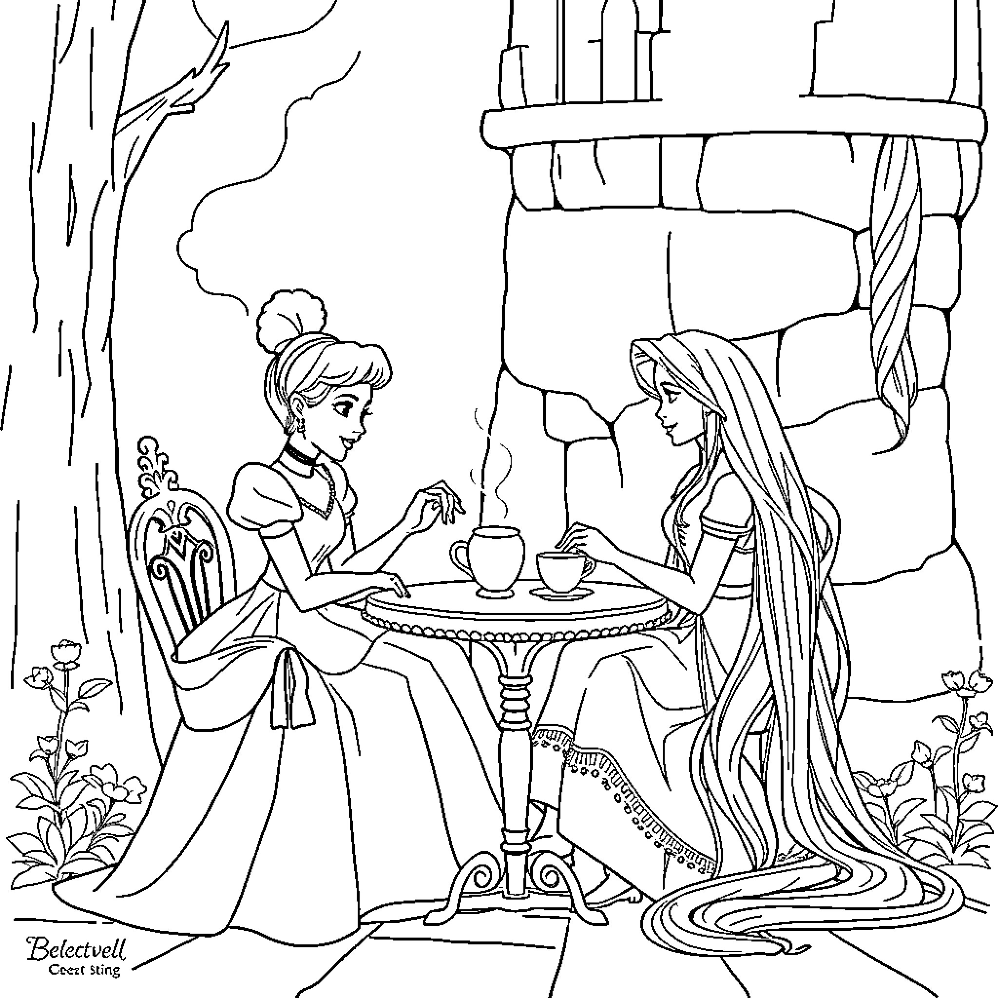 Cinderella having tea with a woman in the castle courtyard Coloring Page (free black-and-white line drawing printable PDF for all, from beginners to advanced learners, including children, teens, adults, and seniors)