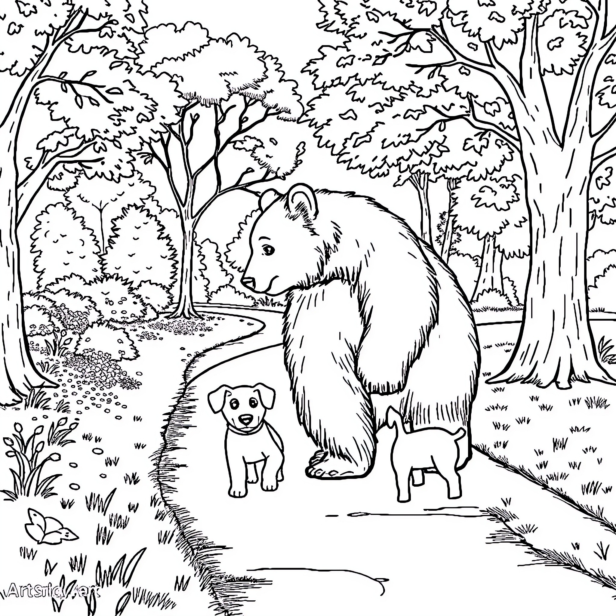 Bear family exploring the forest trail Coloring Page (free black-and-white line drawing printable PDF for all, from beginners to advanced learners, including children, teens, adults, and seniors)